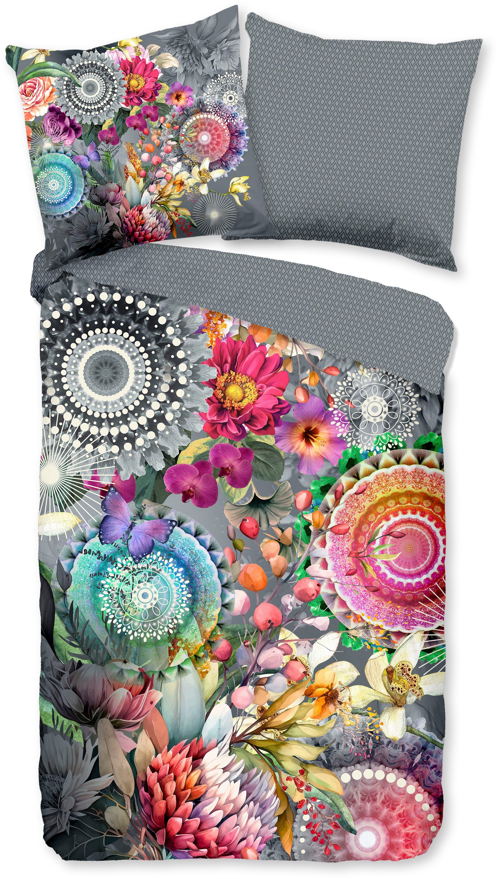 hip Wendebettwäsche Olinga, Mako-Satin, Renforcé, Satin, 2 teilig, Satin, Reißverschluss, Wendeoptik, Mandala, Blume, Grau, Bunt