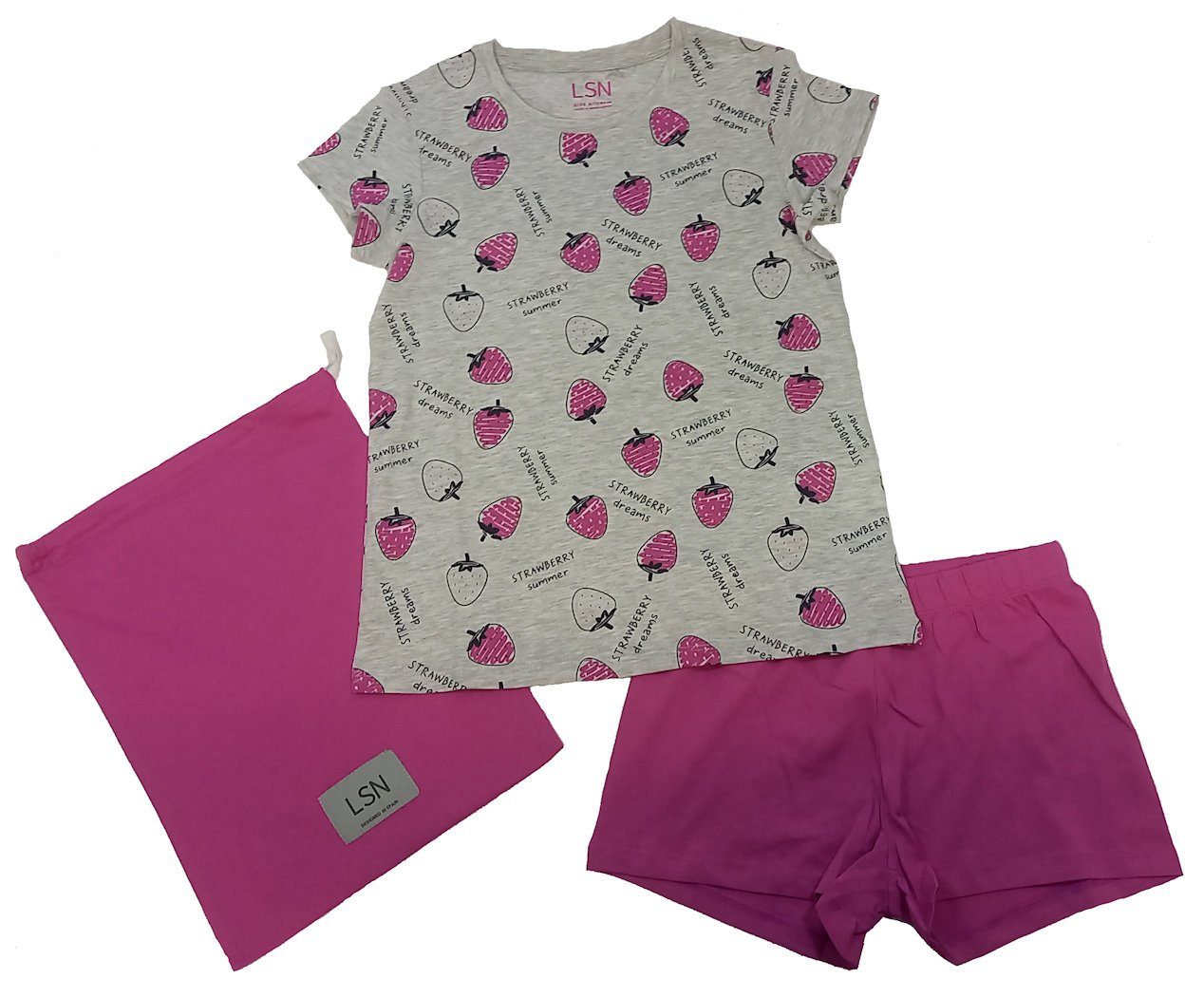Shorty violett Losan Erdbeeren kurz hellgrau Pyjama 3tlg. LOSAN Shorty (3 tlg) Mädchen