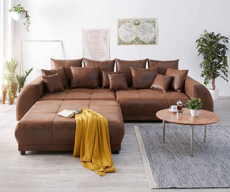 DELIFE Big-Sofa Violetta, Braun 310 x 135 cm Antik Optik inklusive Hocker Kissen Big-Sofa