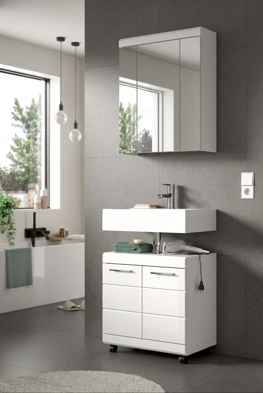 welltime Waschbeckenunterschrank SIENA, Breite 60cm, 2 Türen, auf Rollen, MDF-Front (TOPSELLER!, mit Siphonausschnitt 10x25 cm) in verschiedenen Farben erhältli – Bild 5 von 5