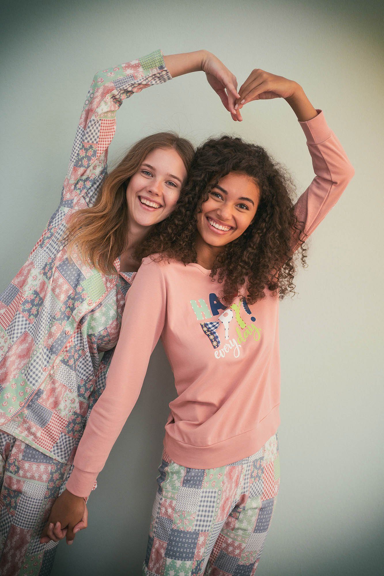 Vamp Schlafanzug (Set, 2 Damen 2-teilig, Schlafanzug Langarm, Pyjama tlg., Baumwolle, pink Set) bunt