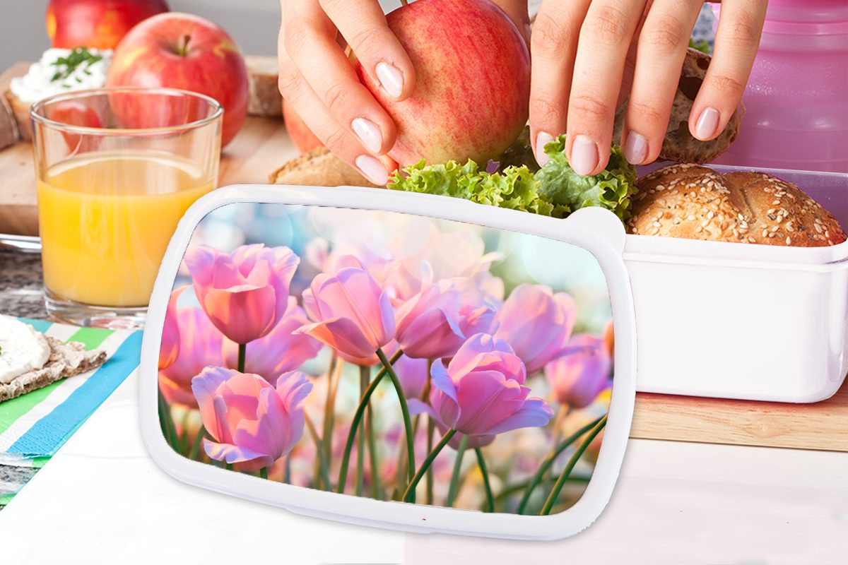 Mädchen (2-tlg), Kunststoff, und Tulpen Jungs Lunchbox weiß - MuchoWow - Brotdose, Frühling, Kinder für und für Erwachsene, Rosa Brotbox