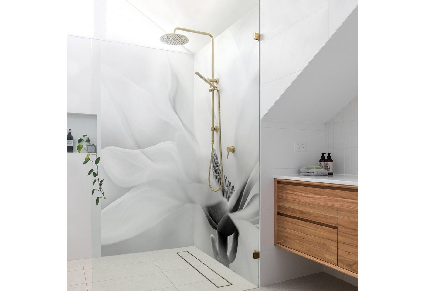 Thumbnail - Bilderdepot24 Duschrückwand Blumen schwarz weiß Duschrückwand ohne Bohren Dusche, (0,61 mm starke Folie selbstklebend Wa...
