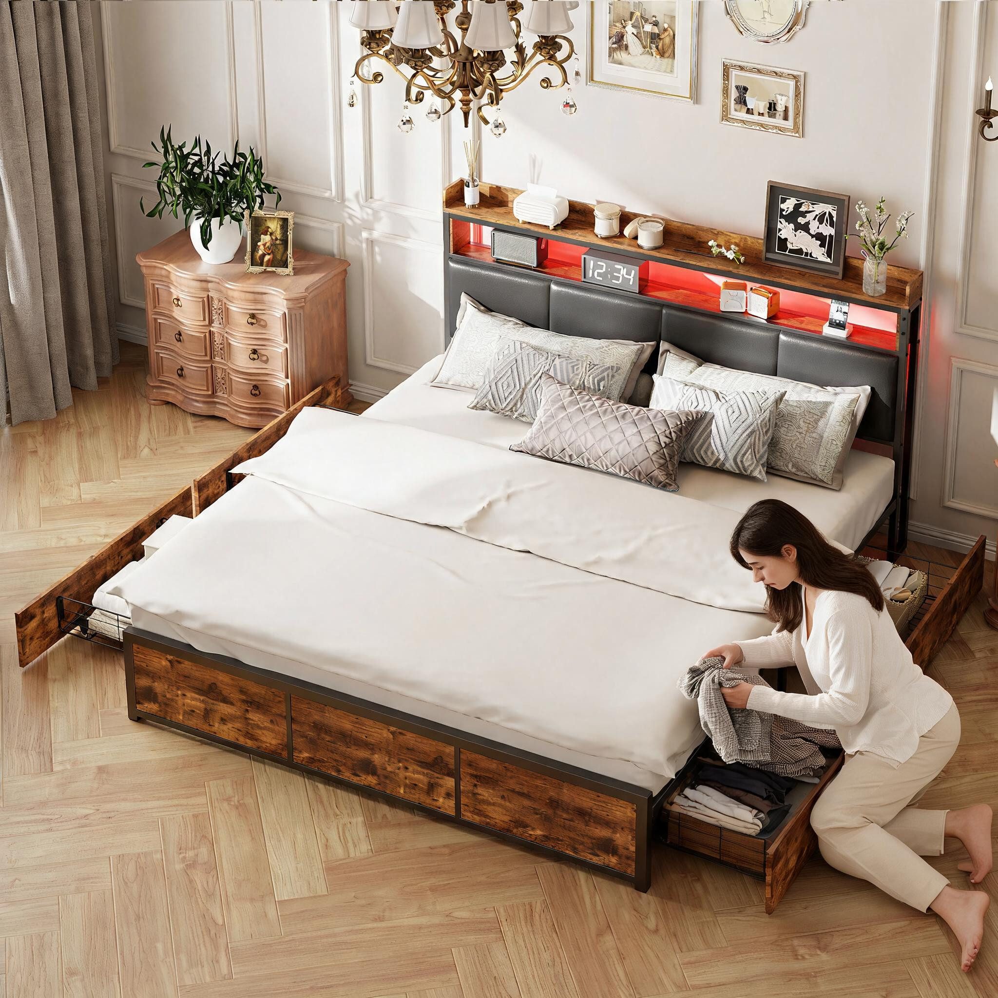 Simurq Bettgestell Doppelbett 180x200 cm mit 4 Schubladen (Set, 1-tlg) (Polsterbett 180x200 mit LED Beleuchtung,Ohne Matratze), Stauraumbett 160x200 mit Lattenrost und gepolstertem Kopfteil