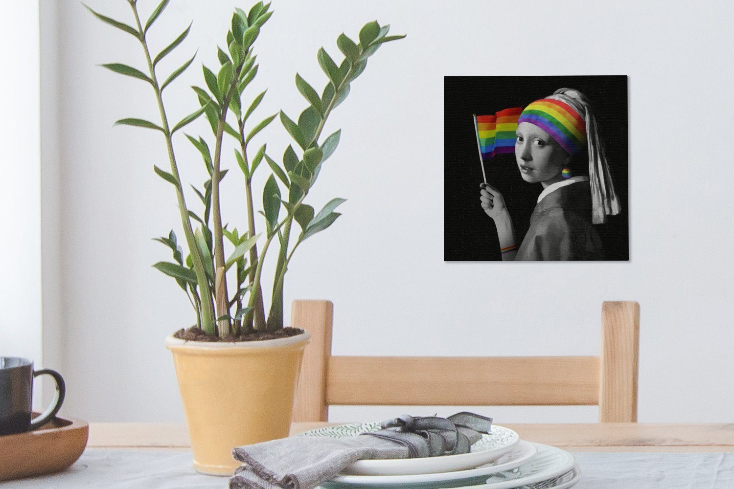 OneMillionCanvasses® Leinwandbild Das Mädchen - (1 Wohnzimmer Regenbogen, Flag Pride Bilder Leinwand dem mit für St), Schlafzimmer - Perlenohrring