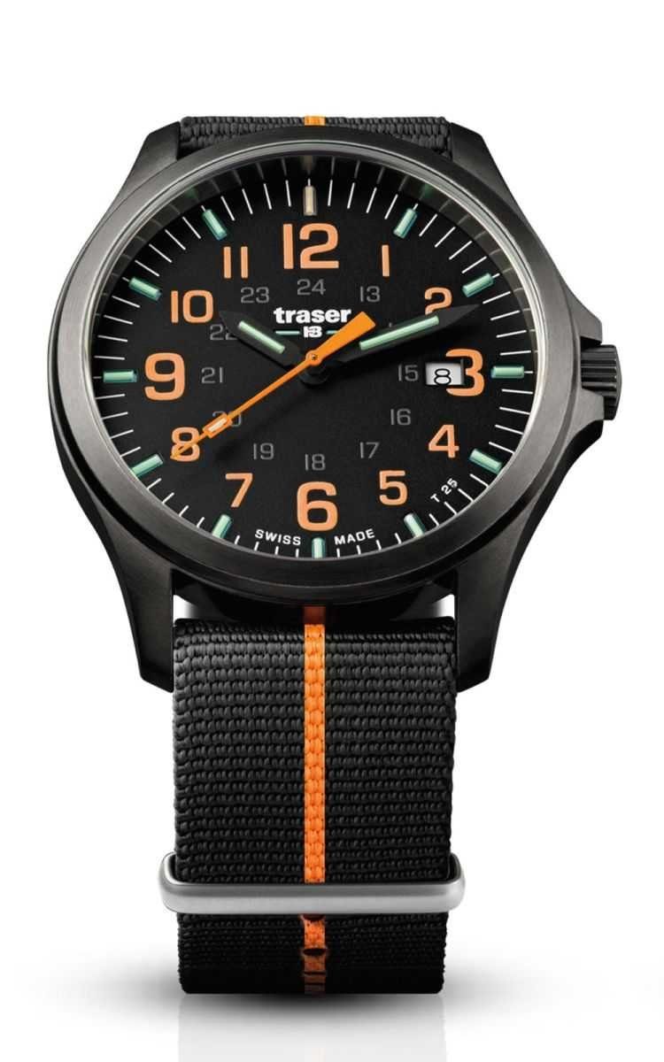 Traser Quarzuhr P67 Officer Natoband GunMetal selbstleuchtendem mit Herrenuhr trigalight® - 42 Pro - mm, 107425 Black/Orange