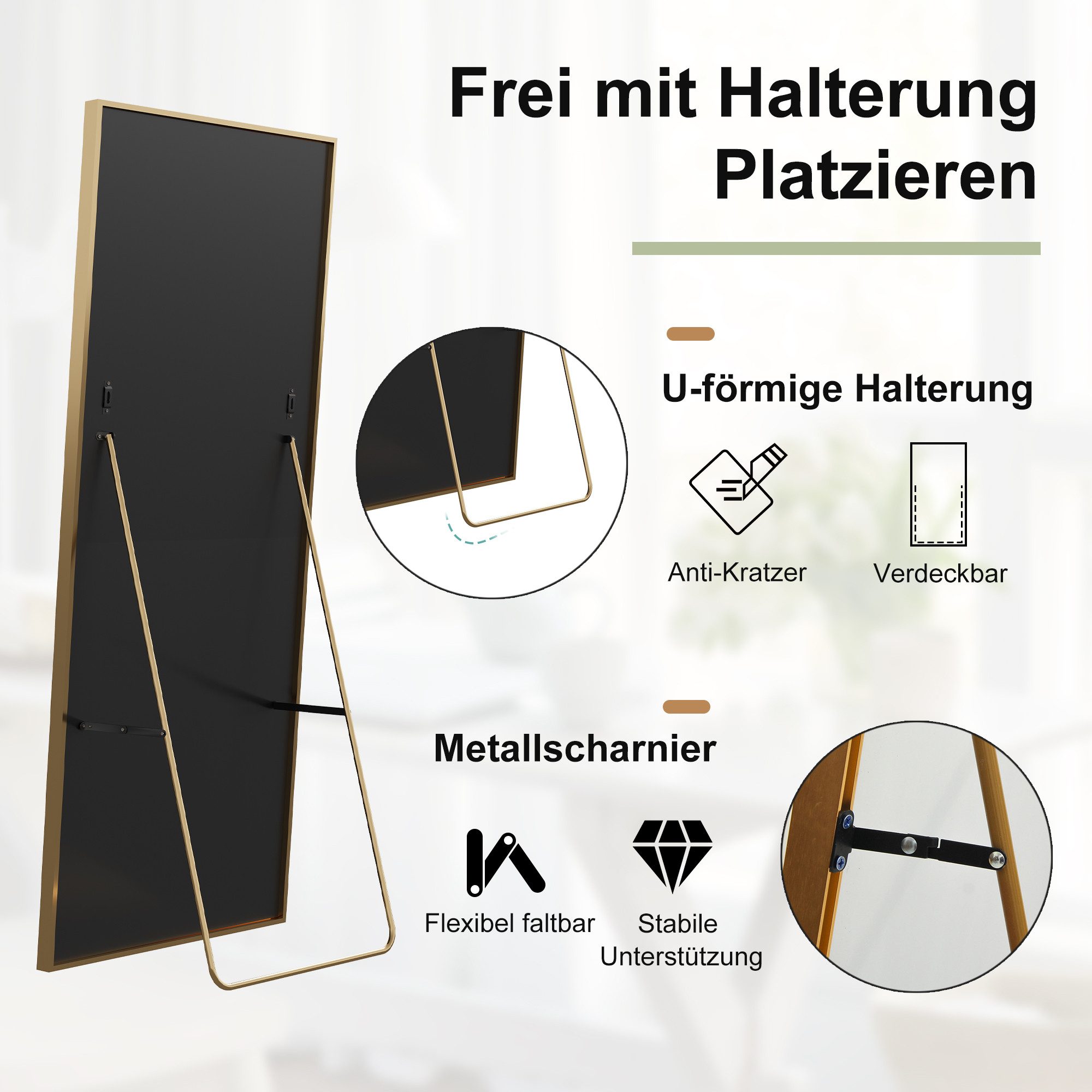 FUROKOY Ganzkörperspiegel Standspiegel Wandspiegel,stehend oder wandmontiert mit Metallrahmen, verstärktem Glas,Rechteck,Gold,164 x 54 cm