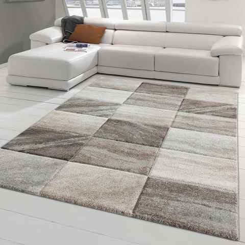 Teppich Moderner Designerteppich im Konturenschnitt - Karos in beige grau, Teppich-Traum, rechteckig, Höhe: 13 mm