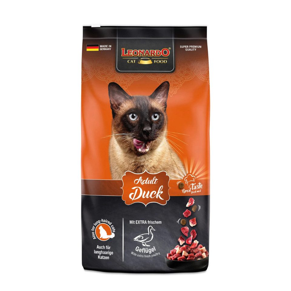 Leonardo Catfood Adult Duck - hochwertiges Trockenfutter mit Chiasaat & Krill, Trockenfutter für: Katzen