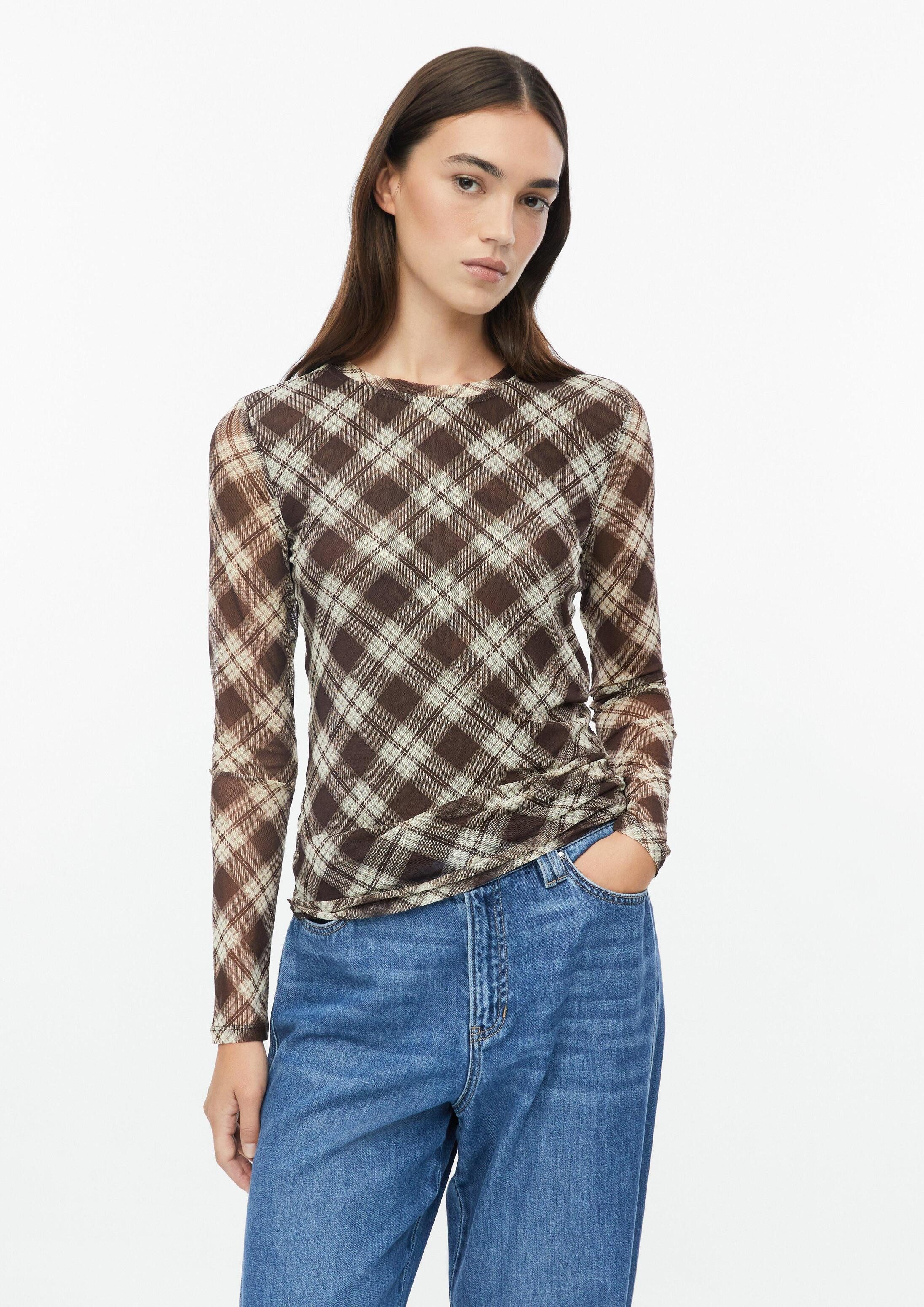 s.Oliver Langarmshirt T-Shirt Leicht transparentes Mesh-Shirt mit Karomuster