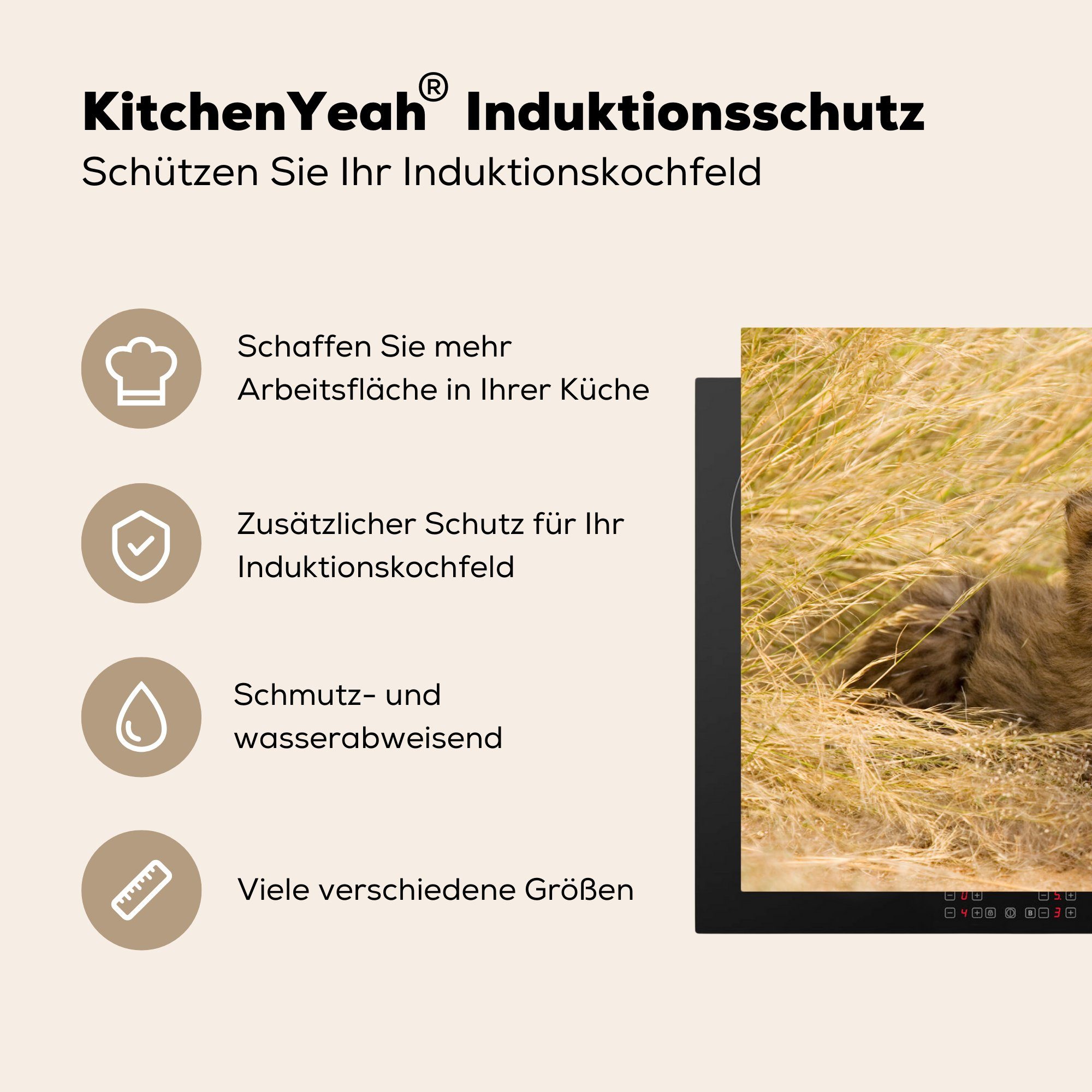 MuchoWow Herdblende-/Abdeckplatte Gepard - Jung Vinyl, Ceranfeldabdeckung (1 cm, die für Schutz - tlg), Gras, Induktionskochfeld 81x52 küche