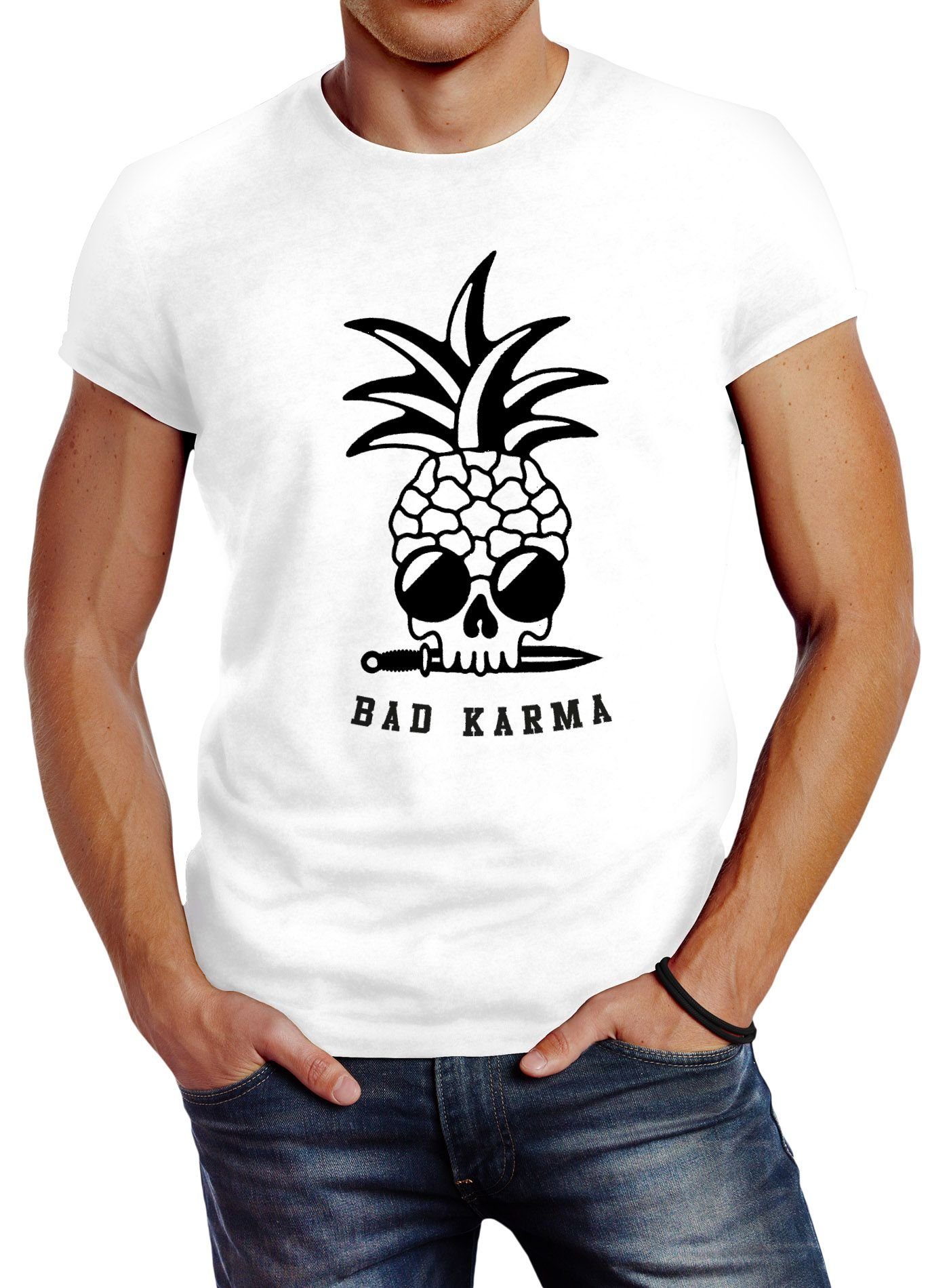 Neverless Print-Shirt Herren T-Shirt Totenkopf Ananas Bad Karma  Sonnenbrille Pineapple Skull Slim Fit Neverless® mit Print