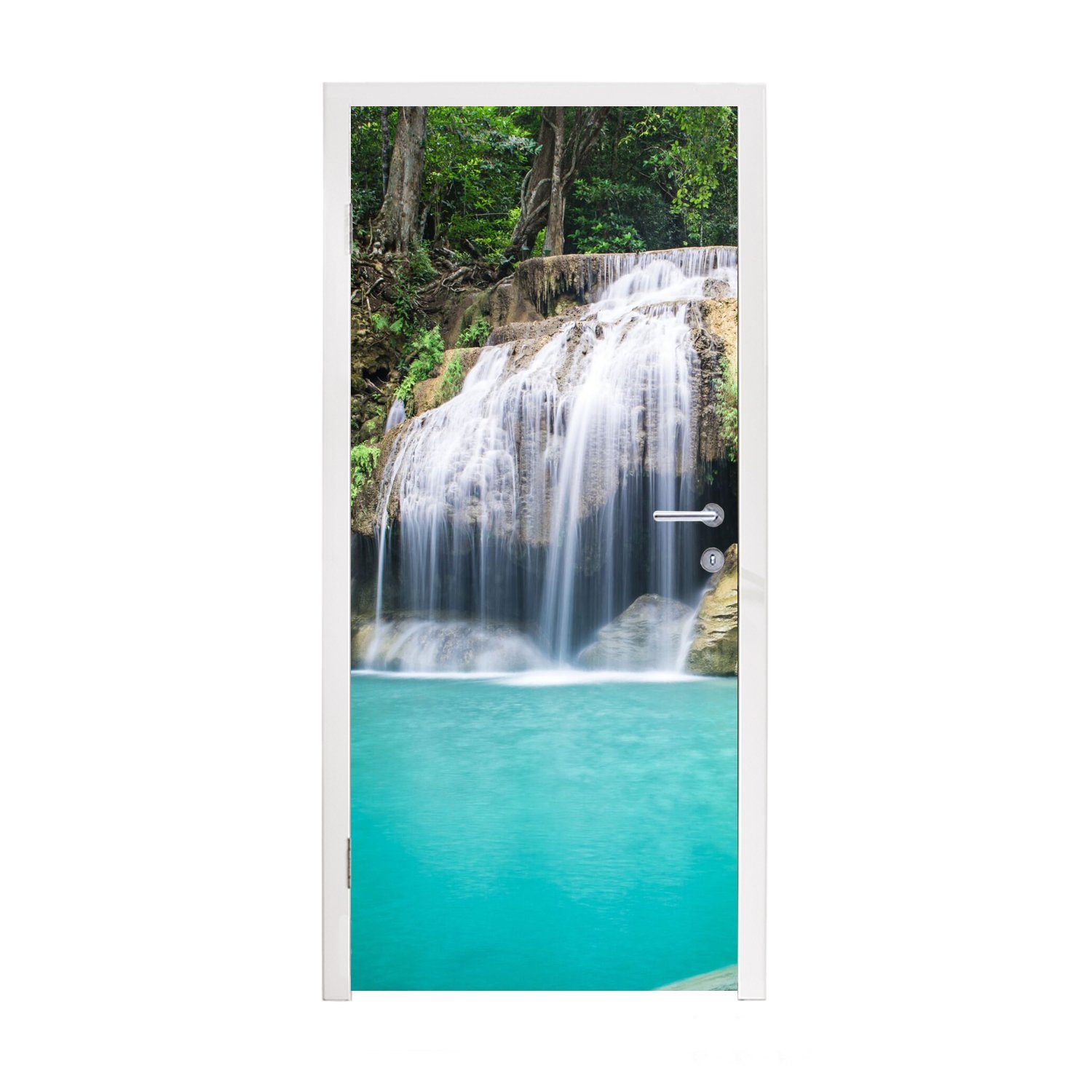 MuchoWow Türtapete Wasser - Wasserfall - Bäume, Matt, bedruckt, (1 St), Fototapete für Tür, Türaufkleber, 75x205 cm