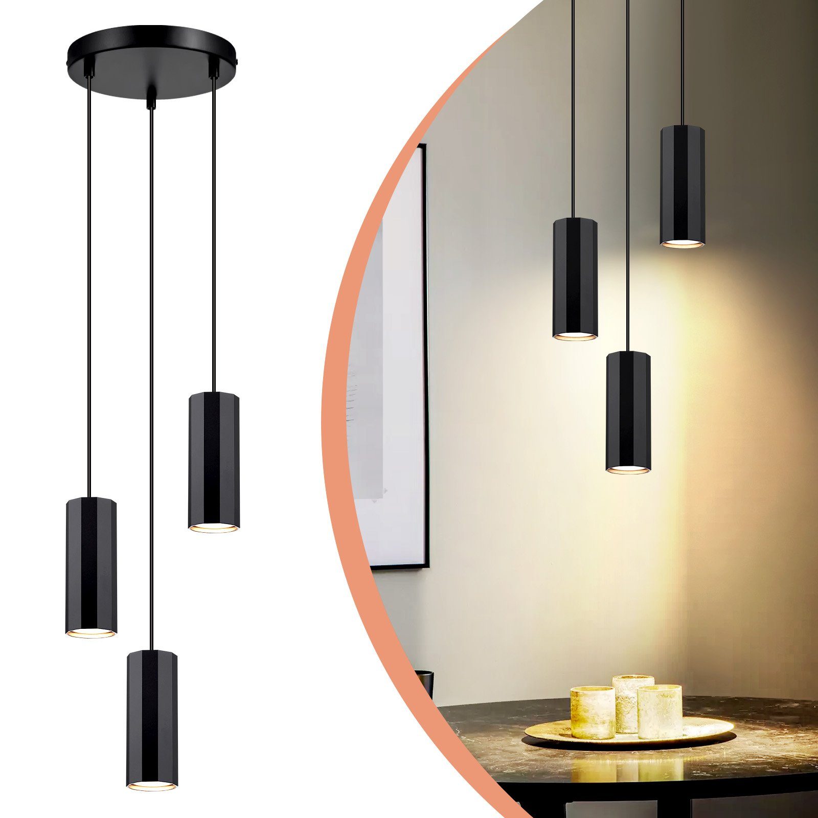 ZMH Pendelleuchte Modern Esstisch Schwarz 3 Flammig - Hängelampe GU10 Wohnzimmer, ohne Leuchtmittel, Industrial Esszimmerlampe x für Innen Küche Metall