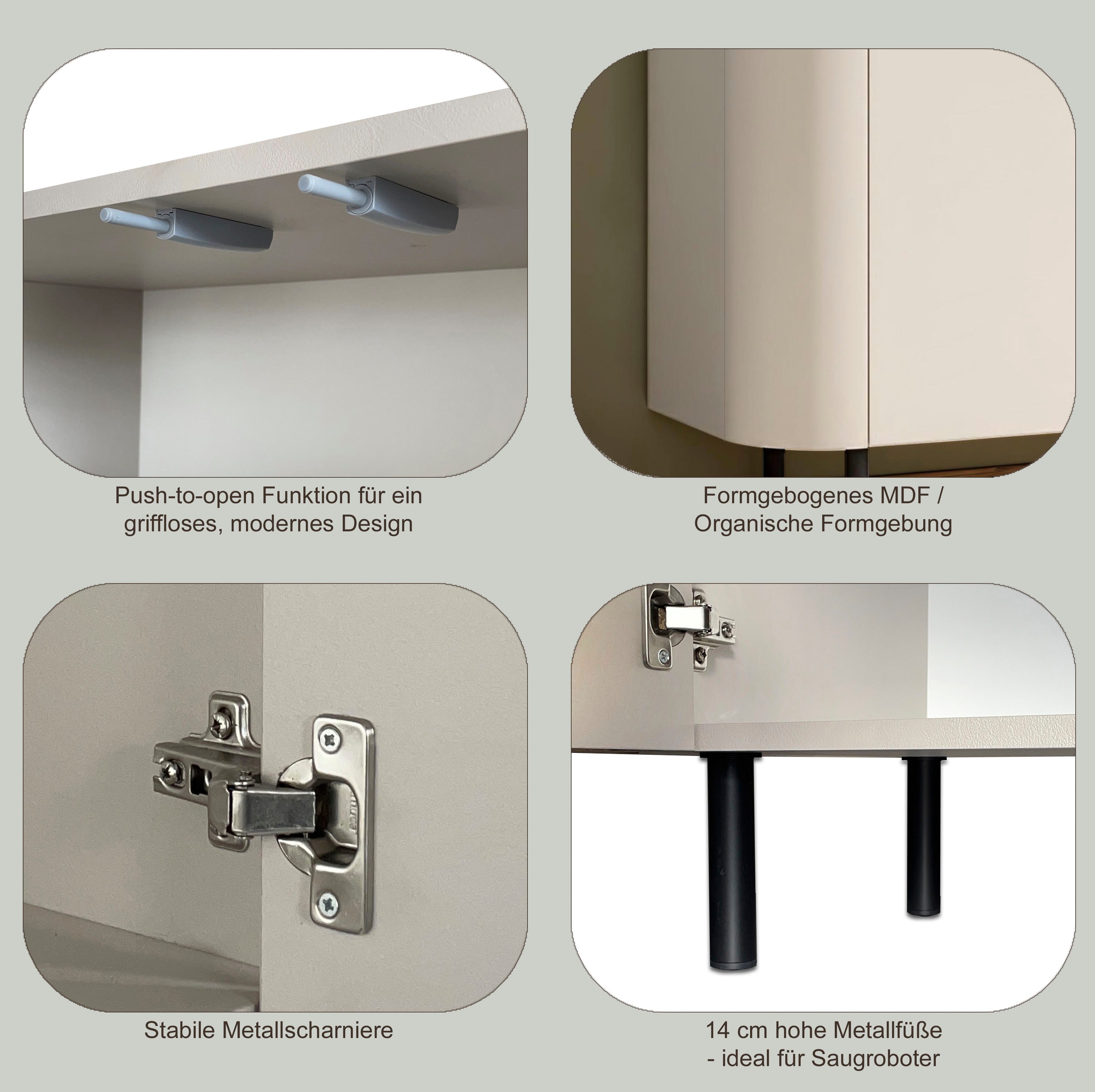 OTTO home Highboard Lido, B/H 150/154 cm, 2 Türen, 4 offene Fächer, Stauraumschrank, Formgebogenes MDF, Stirnseiten mit Rundung, Push-to-open, Metallfüße