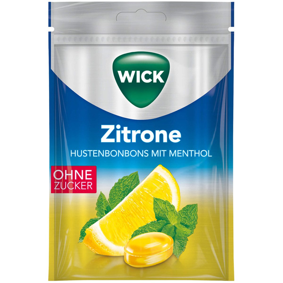 WICK Süßigkeit, WICK Zitrone zuckerfreie Halsbonbons mit natürlichem Menthol 72g