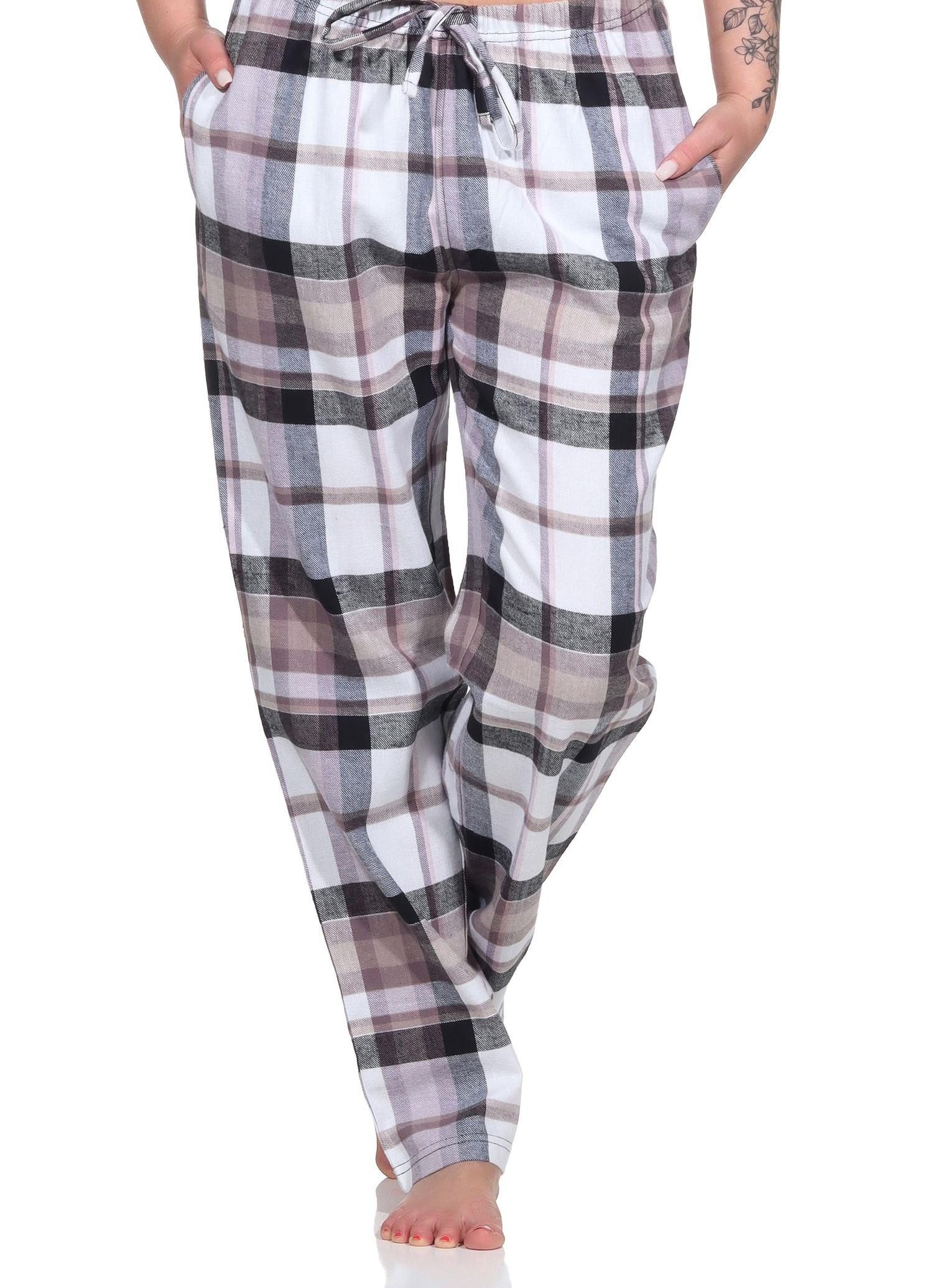 Normann Pyjama Damen Flanell Pyjama Hose, karierte Schlafanzug Hose lang