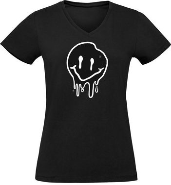 MyDesign24 T-Shirt Damen Smiley Print Shirt - Lächelnder verlaufender Smiley V-Ausschnitt Baumwollshirt mit Aufdruck Slim Fit, i292