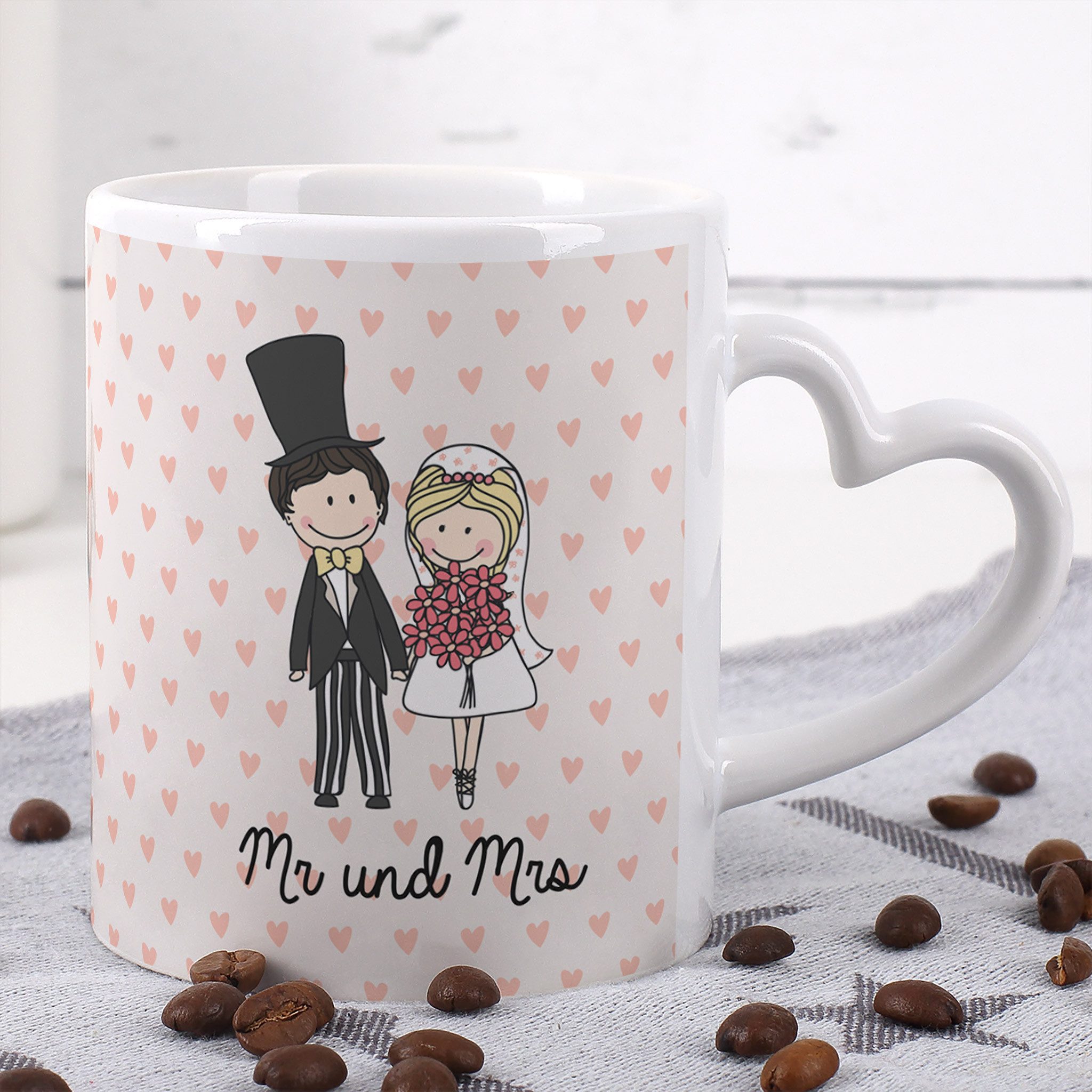 Herz & Heim Tasse 2er Set mit Henkel in Herzform und Motiven für Paare