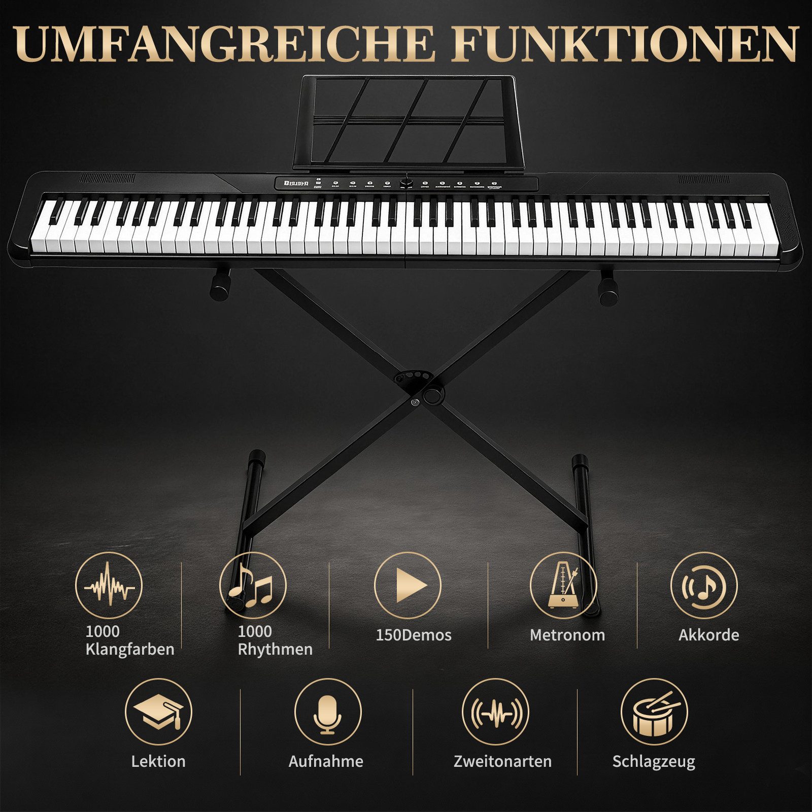 LALAHO Digitalpiano 88 Tasten E Piano halbgewichtete Tastatur Bluetooth, mit Aufnahmefunktion, Metronom & Stereolautsprechern – Bild 3 von 5