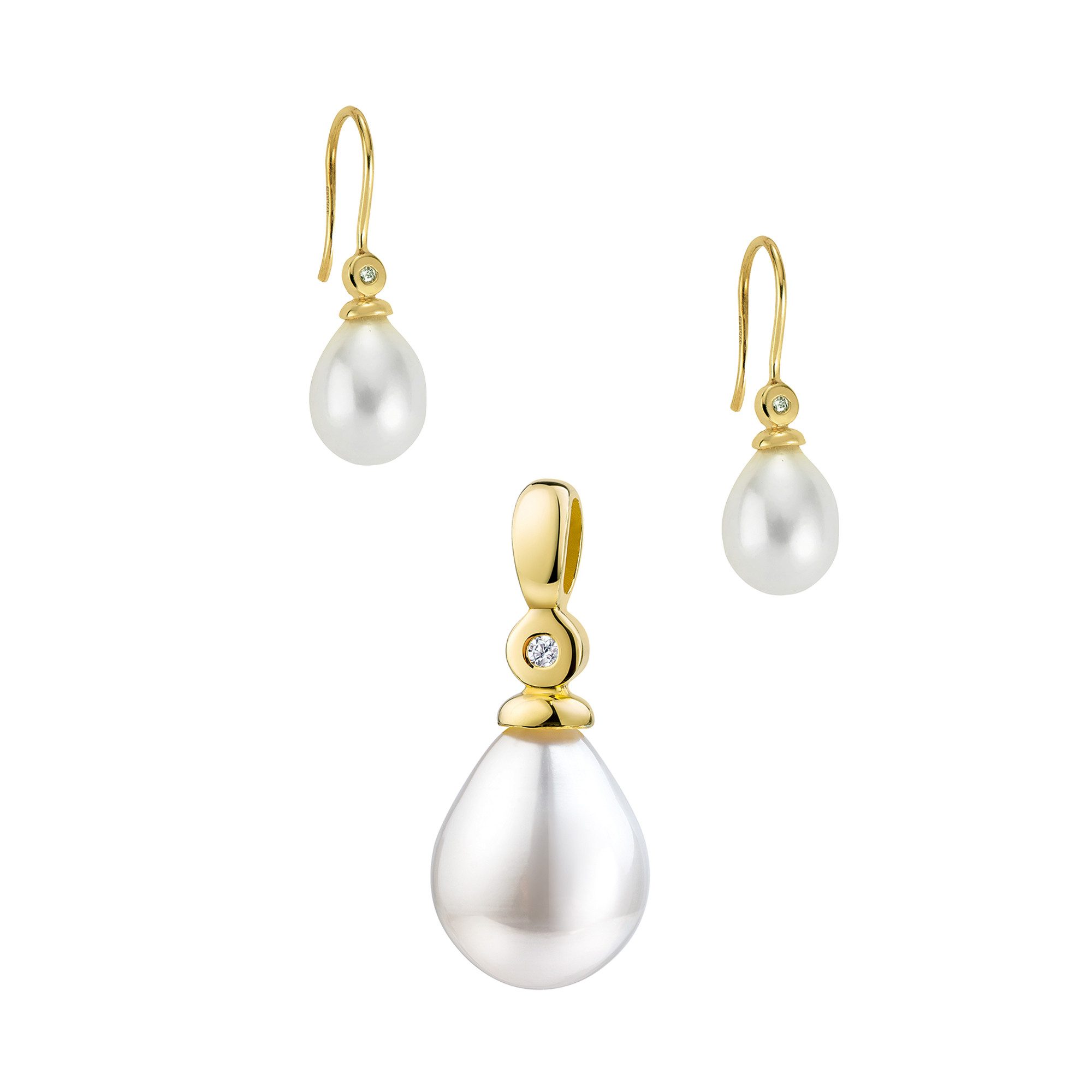 JEVELION Schmuckset Perlen-Anhänger + 2 Ohrhänger 750 Gold + Diamanten im Brillantschliff (Goldanhänger + Gold-Ohrschmuck, für Damen und Mädchen), Mit Kette vergoldet- Länge wählbar 36 - 70 cm oder ohne Kette.