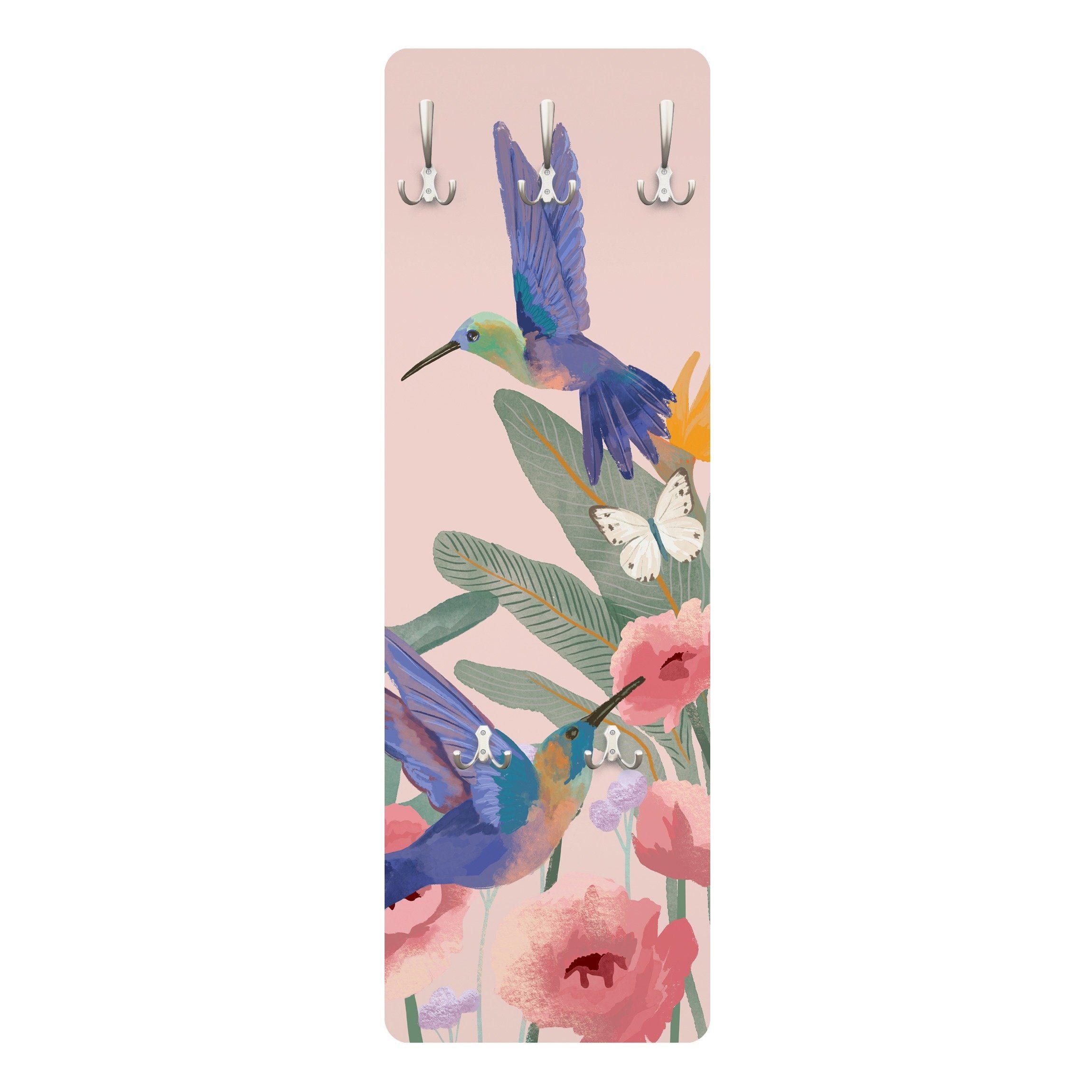 Bilderdepot24 Garderobenpaneel bunt Blumen Floral Botanik Tropisch Tiere Kolibris und rosa Blüten (ausgefallenes Flur Wandpaneel mit Garderobenhaken Kleiderhaken hängend), moderne Wandgarderobe - Flurgarderobe im schmalen Hakenpaneel Design