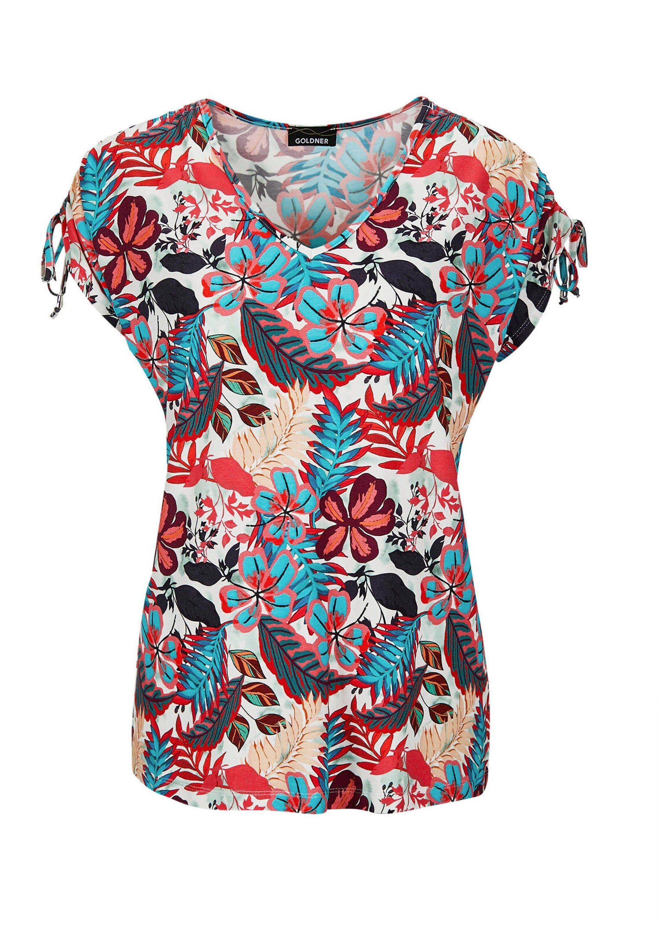 T-Shirt Kurzgröße: Florales Oberteil mit V-Ausschnitt
