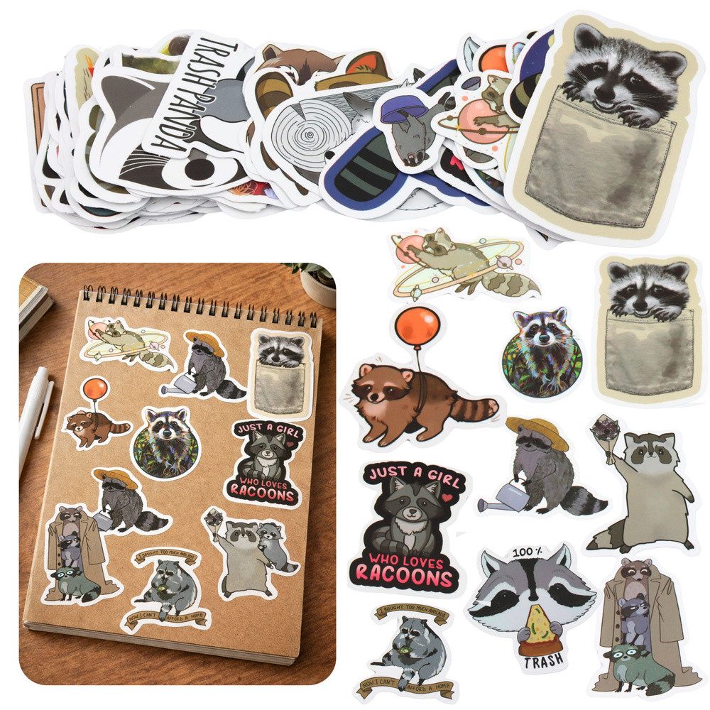 LEAN TOYS Aufkleber Stickerset Waschbärmotive Kreativsticker, (Spar-Set, 50tlg), 50 Stück, Waschbär-Motive, selbstklebend, 7-8 cm