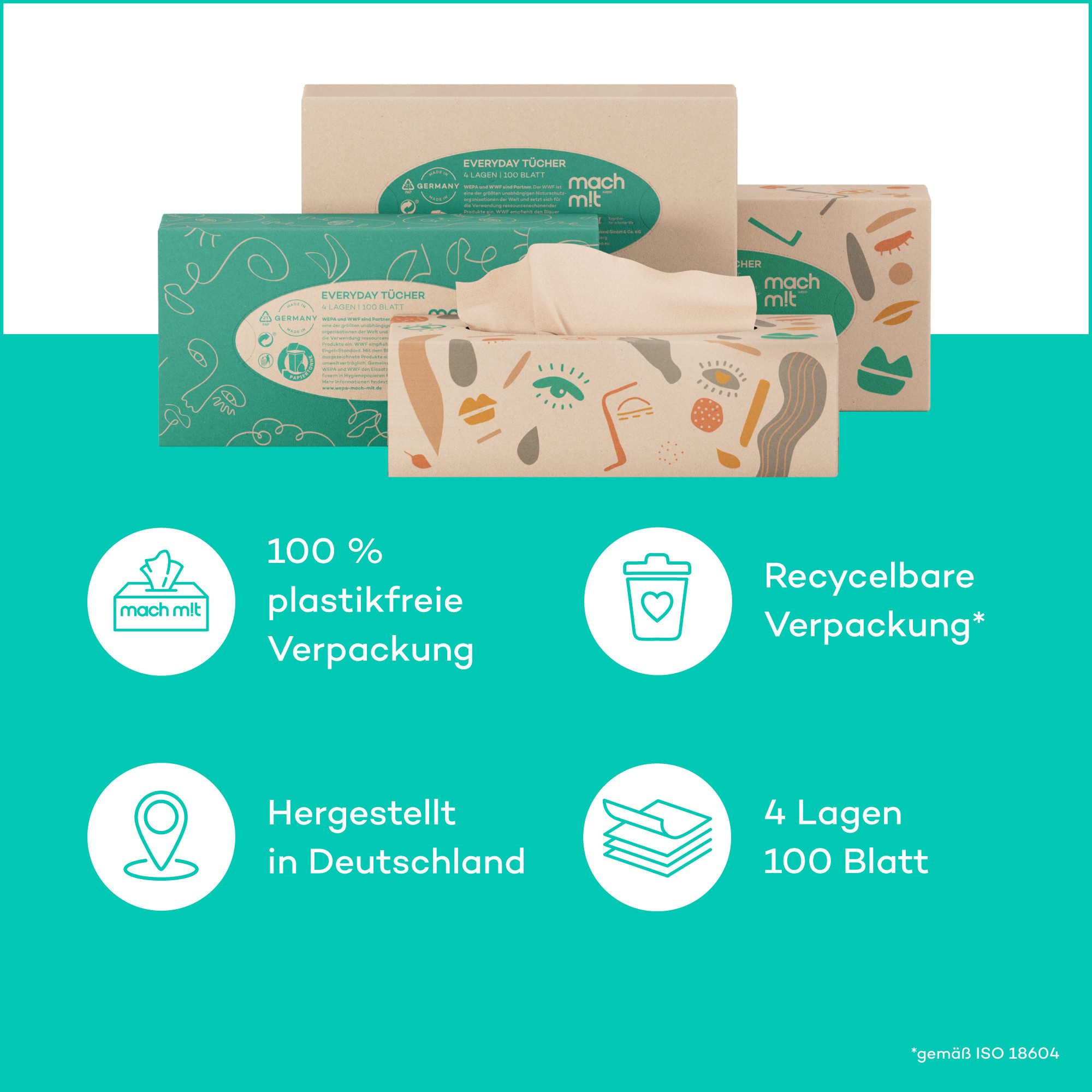 mach m!t Kosmetiktücher 4-lagig - Einzeln (1 Box) oder als Großpackung (24 Boxen) á 100 Tücher (1-St), aus recyceltem Karton