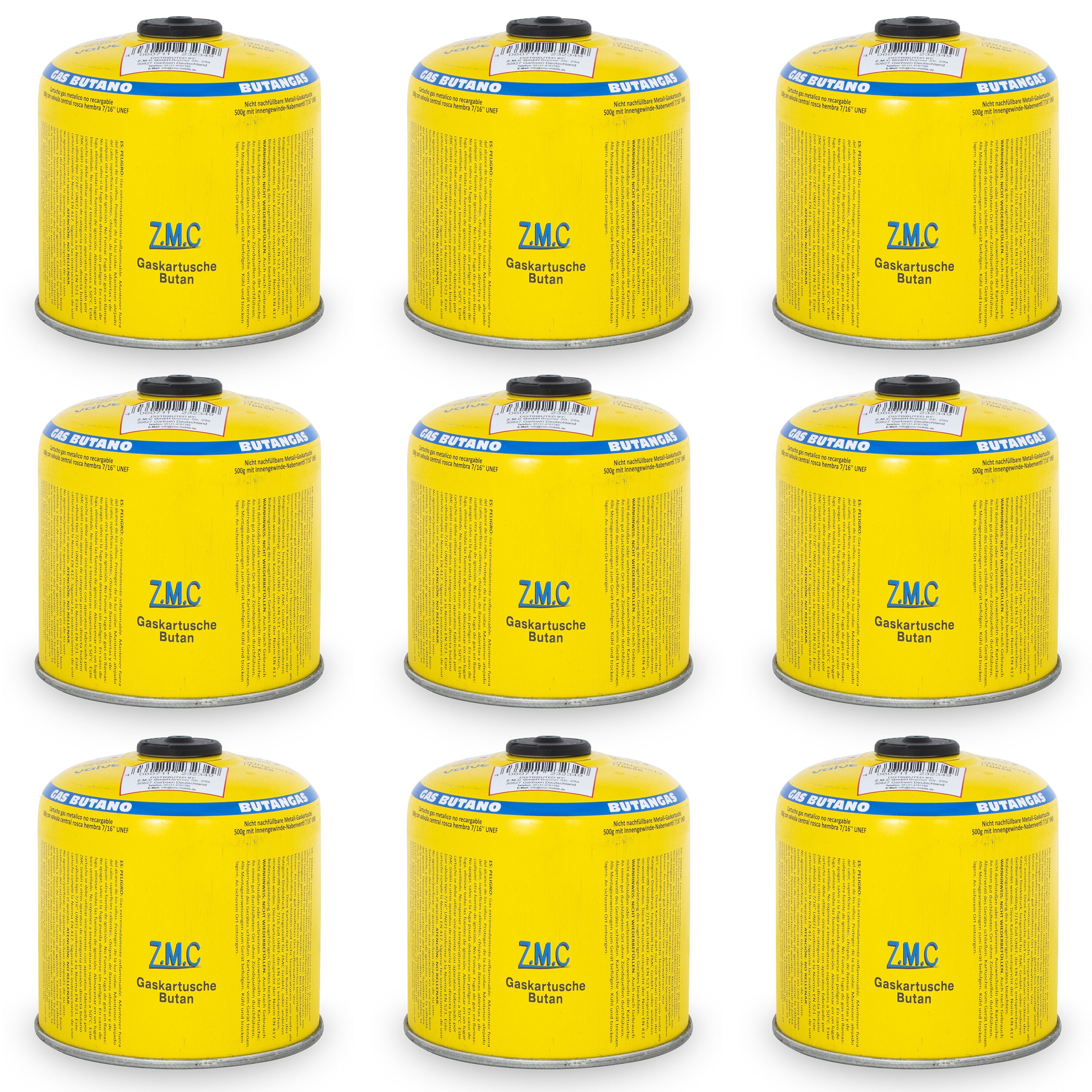 ZMC Gaskartusche Universal Camping Propan Butan Gas 500g Schraubventil Gaskartusche, Zubehör für Butangas Druckgasdose Gaskocher / Gaslötgeräte / Abflammgeräte Eurogewinde, 9 St., Schraubventil Gaskartuschen 990ml Ventilkartusche Gewindeanschluß