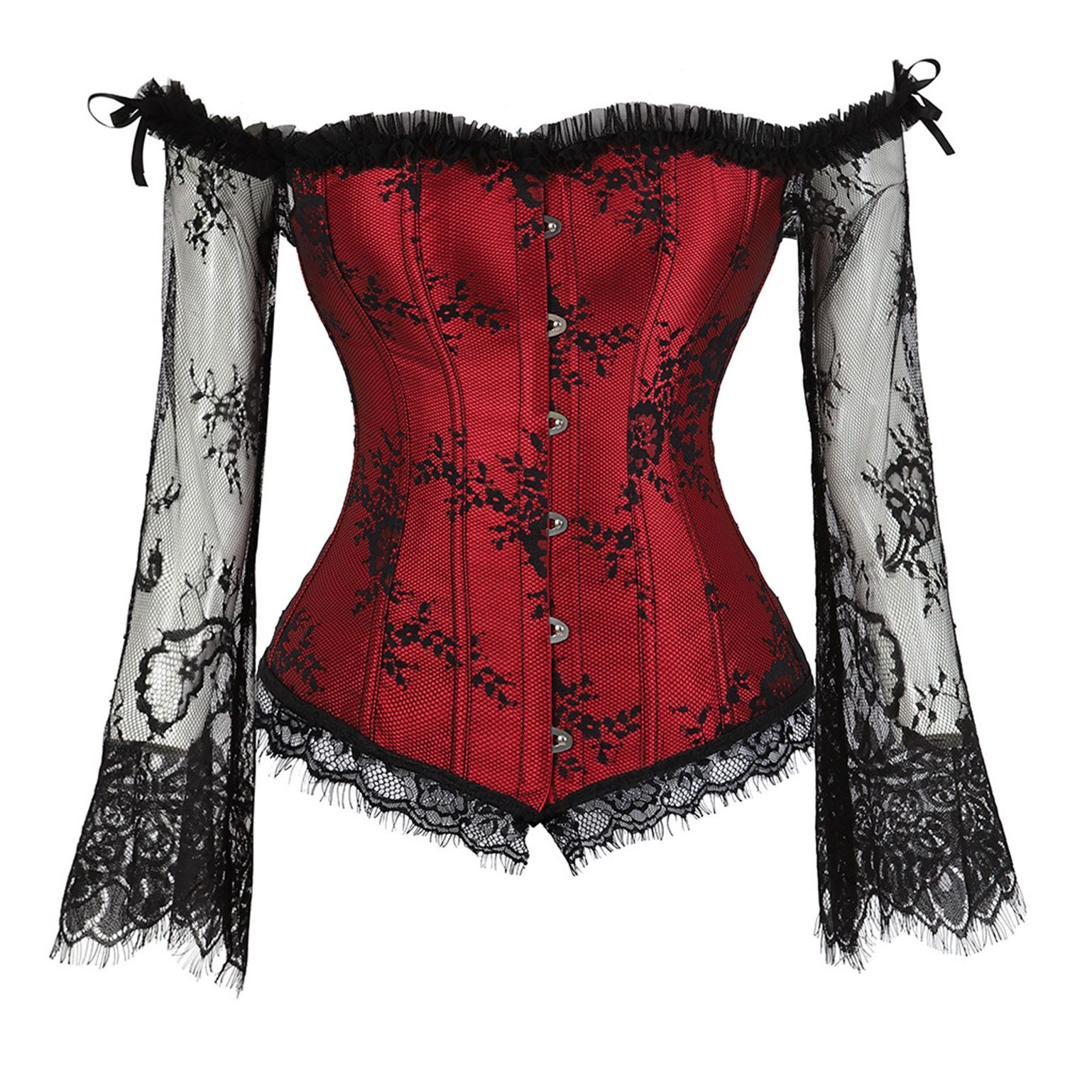 Refttenw Corsage Korsett-Oberteile für Damen mit Langen Ärmeln Spitze Blumenmuster