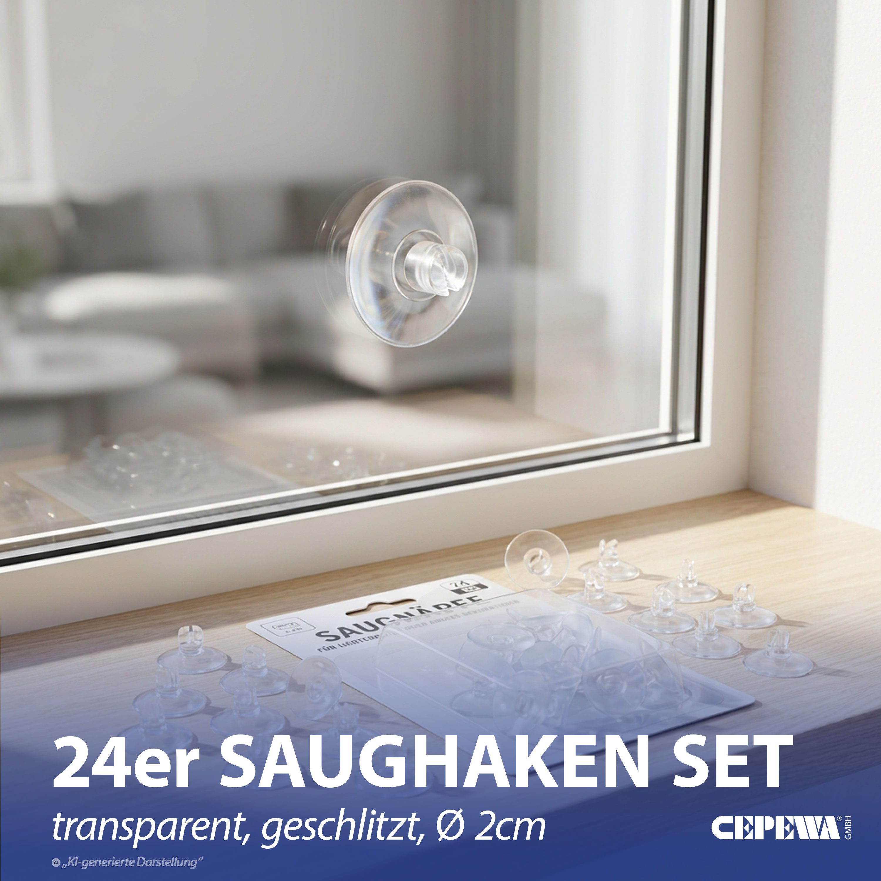 CEPEWA Fensterhaken Saughaken 24er Set geschlitzt PVC Ø2cm transparent Haken ohne Bohren