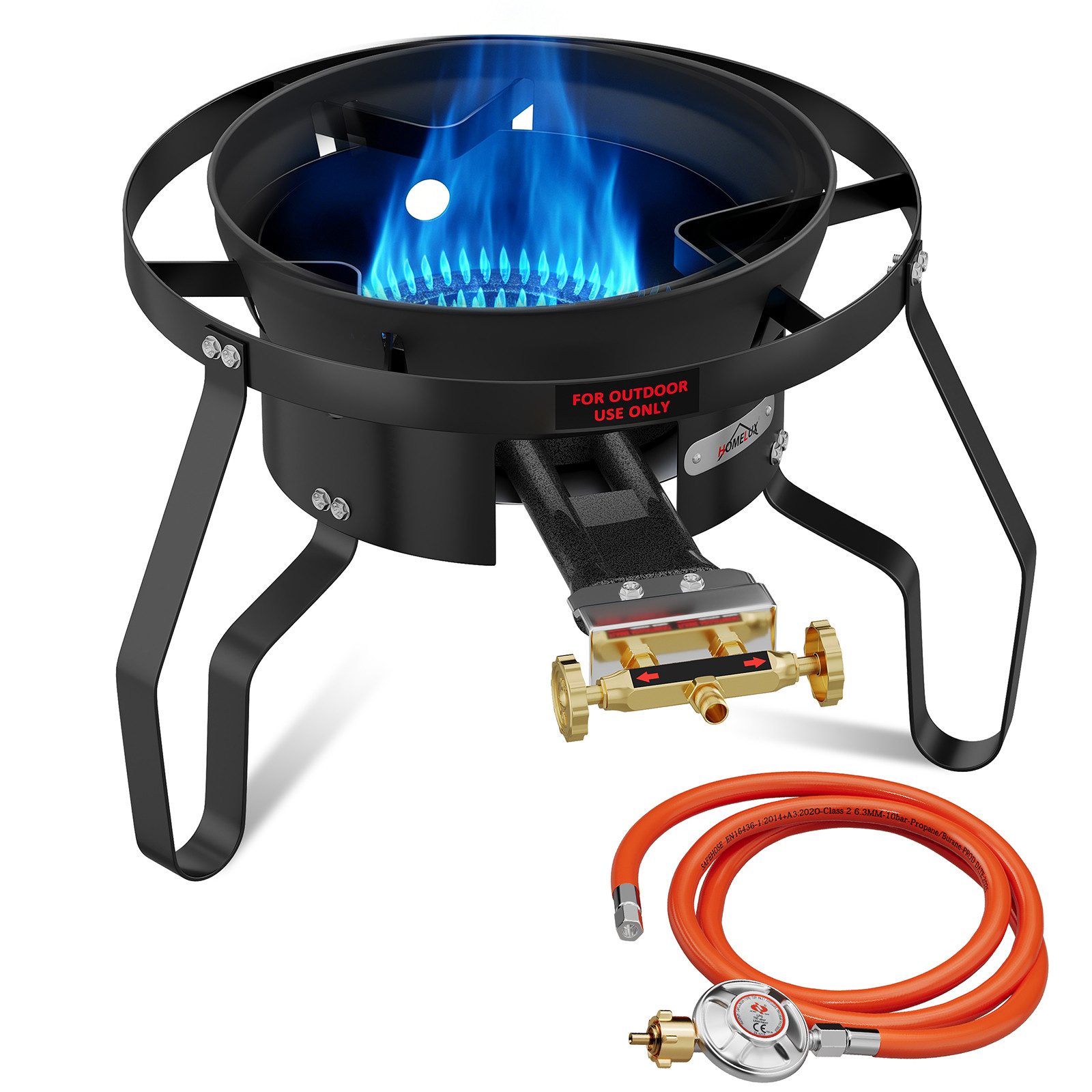 HOMELUX Gaskocher Gas-Hockerkocher 11,5 kW mit Piezozündung, (3-St., mit Schlauch 150 cm und 700 mbar Gas Regler Druckminderer), 3 Bein Profi Gasbrenner Gusseisen für Camping Räucheröfen Wok Kocher