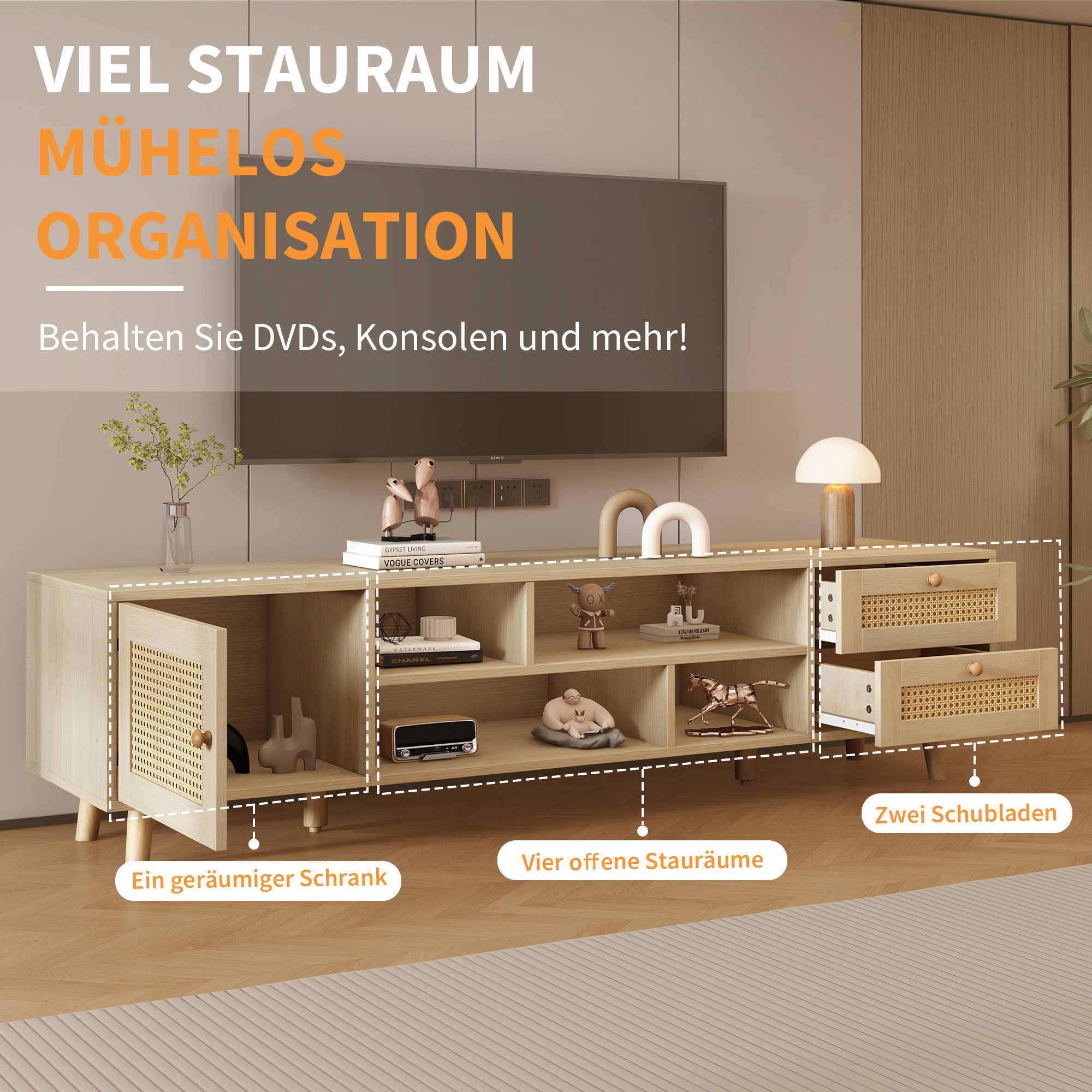 Merax Lowboard mit Tür und Schubladen Rattangeflecht, TV-Schrank mit offenen Fächern,Fernsehtisch Landhaus,B:160cm