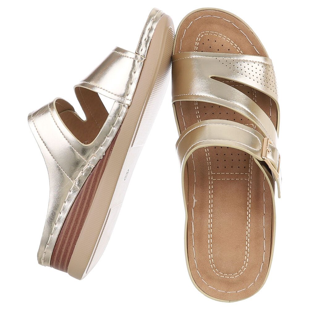 Ital-Design Damen Keilsandale mit Schnalle und Komfortfußbett Pantolette (91849245) Keilabsatz/Wedge Keilsandaletten in Gold