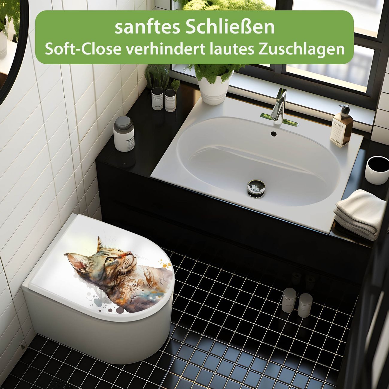 banjado WC-Sitz Premium D-Form mit Absenkautomatik Motiv Katzenportrait in Aquarell 2 (umweltfreundliches Material, Softclose Absenkautomatik), 45 x 36,4 x 4