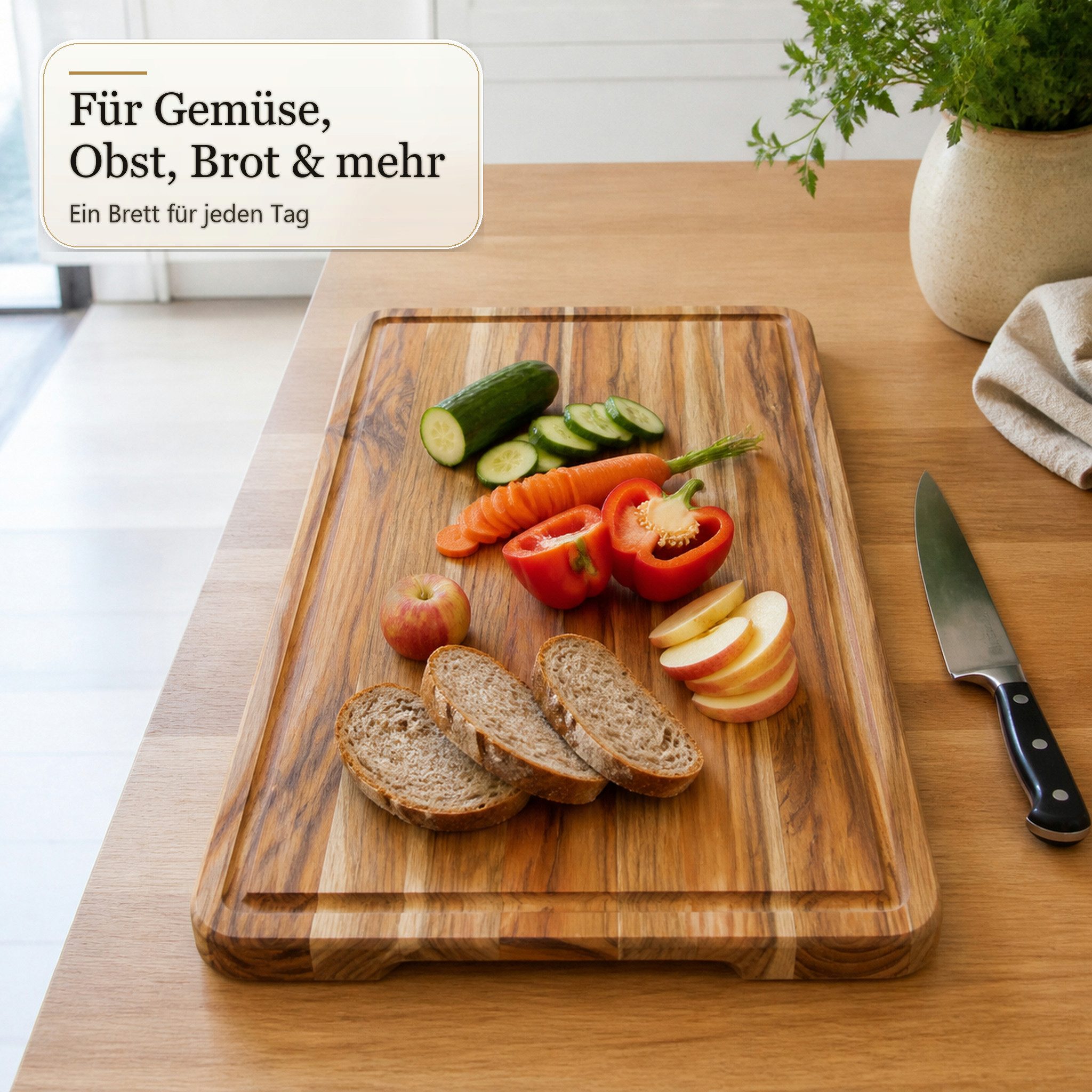 Floordirekt Schneidebrett Maison Teak Edge Grain massives Teakholz mit Saftrille Griffmulden, (Einzelartikel, 1-teilig), Naturholz,3 Größen – Bild 5 von 5