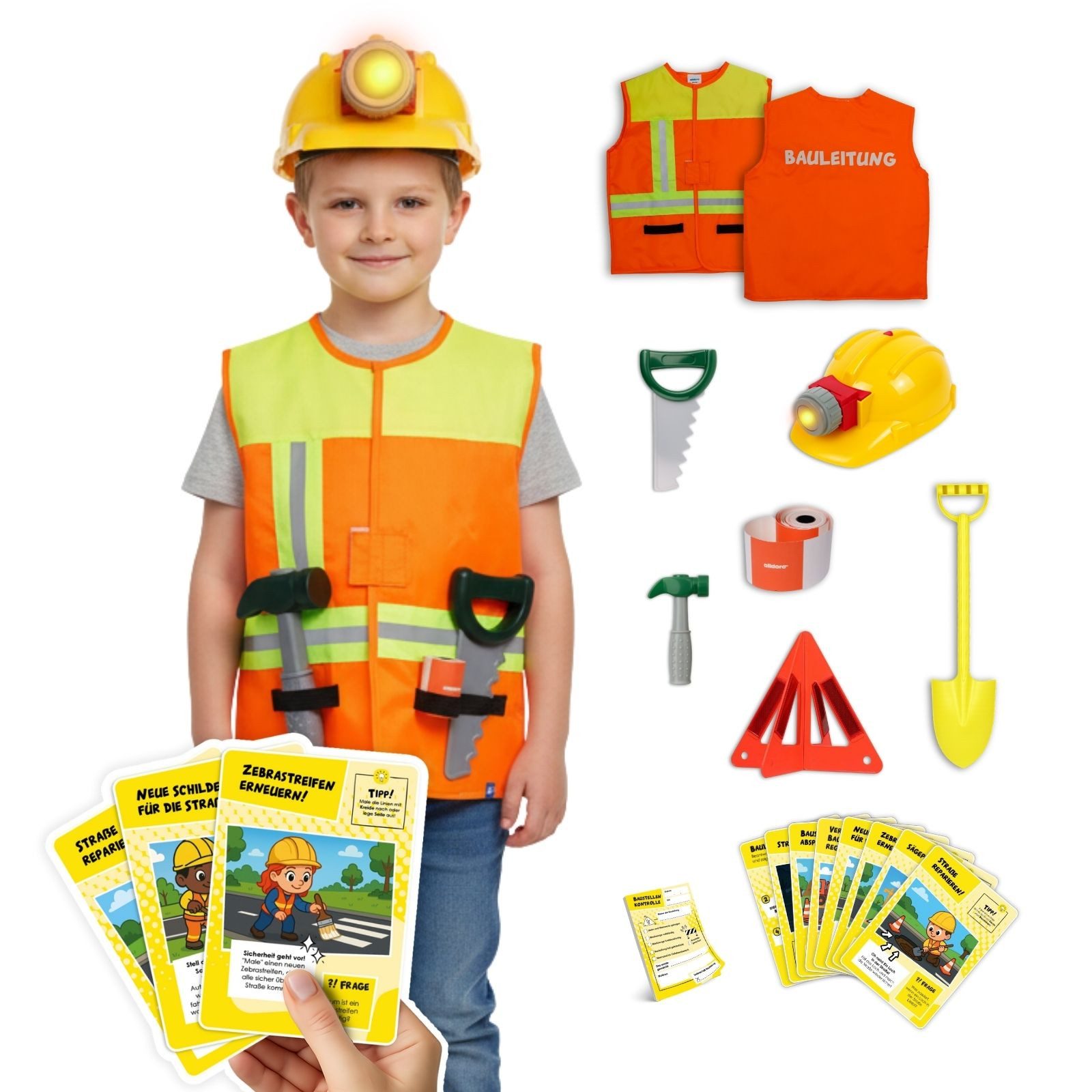 alldoro Spielzeug-Schutzweste Bauleitung Rollenspiel & Lernset, Bauleiter-Kostüm f. Kinder 3-6 Jahre, 9 Teile, Verkleidung mit Weste, Helm, Zubehör & 8 Lernkarten