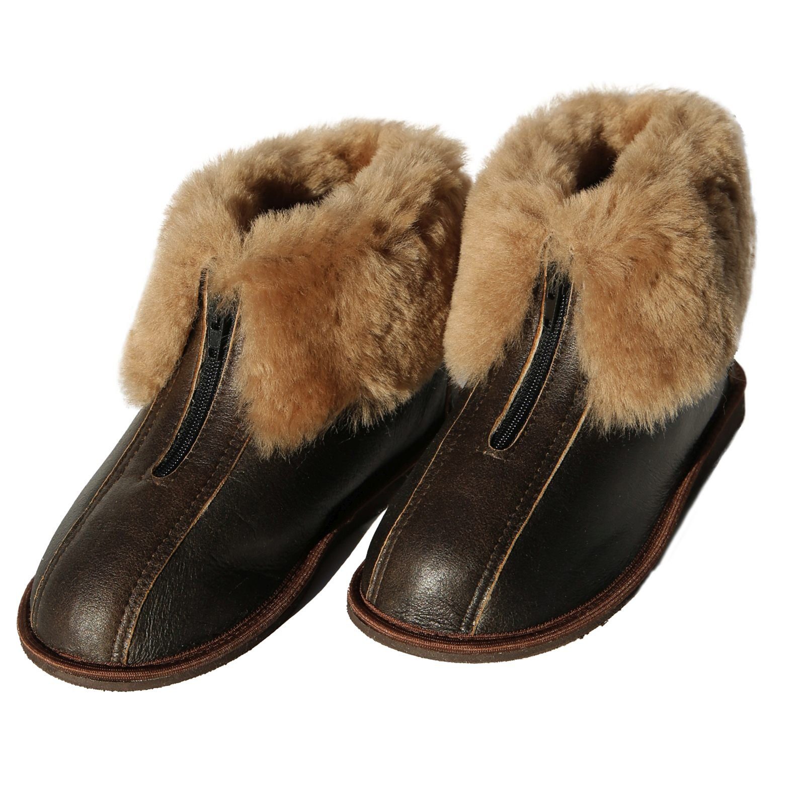 Hollert Hausschuh Alaska Dunkelbraun Fellschuhe Echtleder Merino Schaffell
