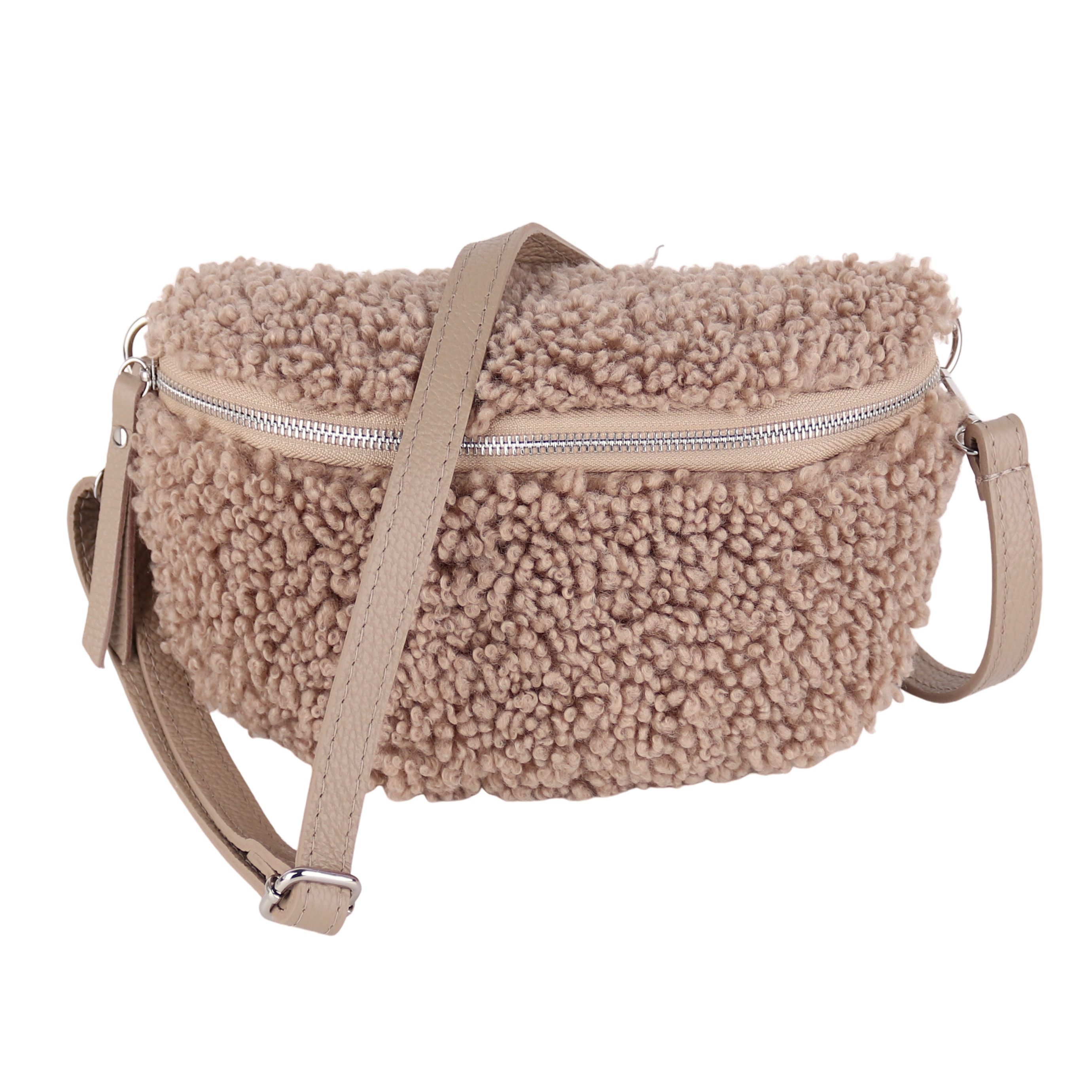 MIRROSI Bauchtasche Damen Brusttasche Plüsch, Teddyfell, Made in Italy (28x18x10cm), auch als Schultertasche, Umhängetasche tragbar