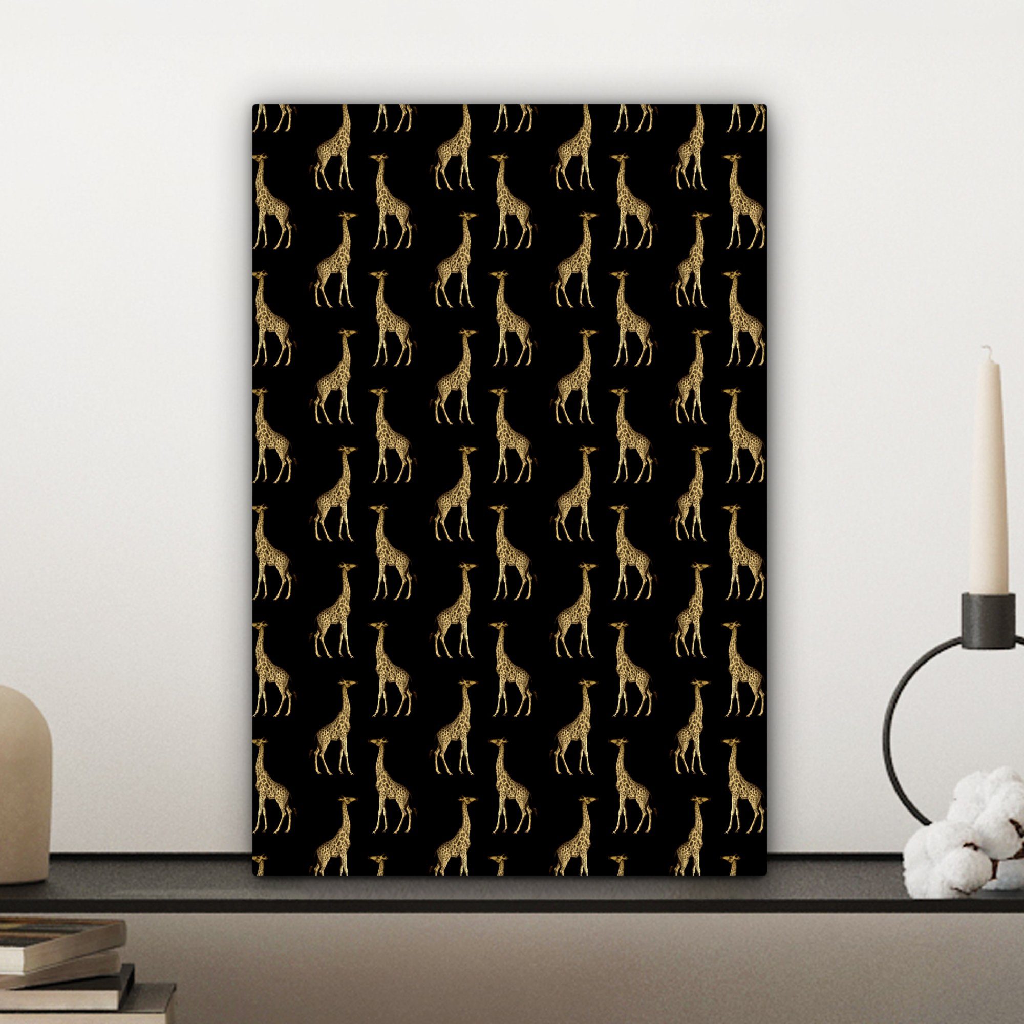 - (1 Gemälde, fertig inkl. 20x30 Leinwandbild OneMillionCanvasses® Leinwandbild Zackenaufhänger, St), Giraffe, Tiere bespannt Muster Gold - cm -