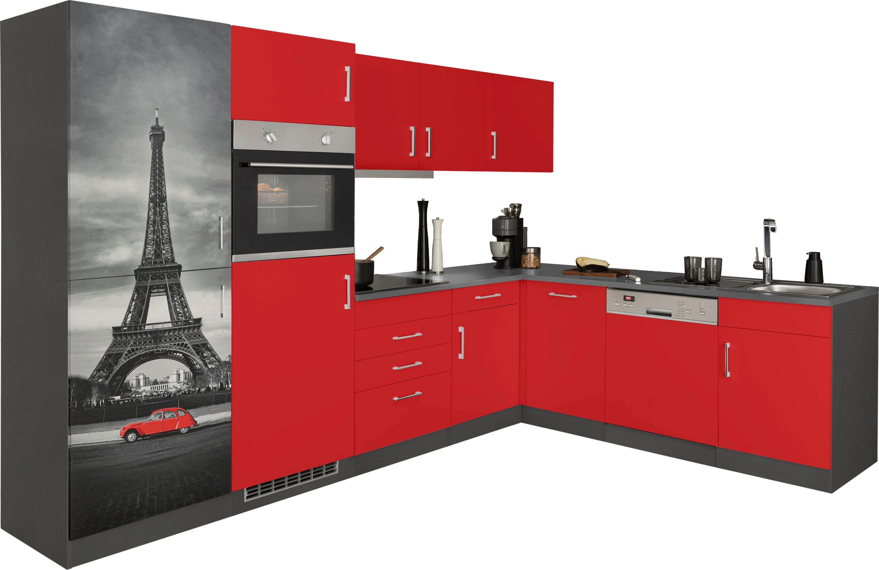 KOCHSTATION Küchenzeile KS-Paris – Küchen mit einzigartigen Fotomotiven auf den Fronten, Stellbreite 290/220 cm, wahlweise mit E-Geräten und Induktion