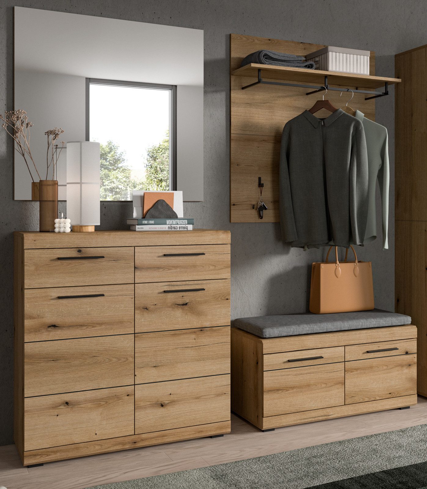 Inn.Furn Schuhkommode Shawn (Schuhschrank in Evoke Eiche, 2-türig, 90 x 96 cm), mit 2 Schubladen