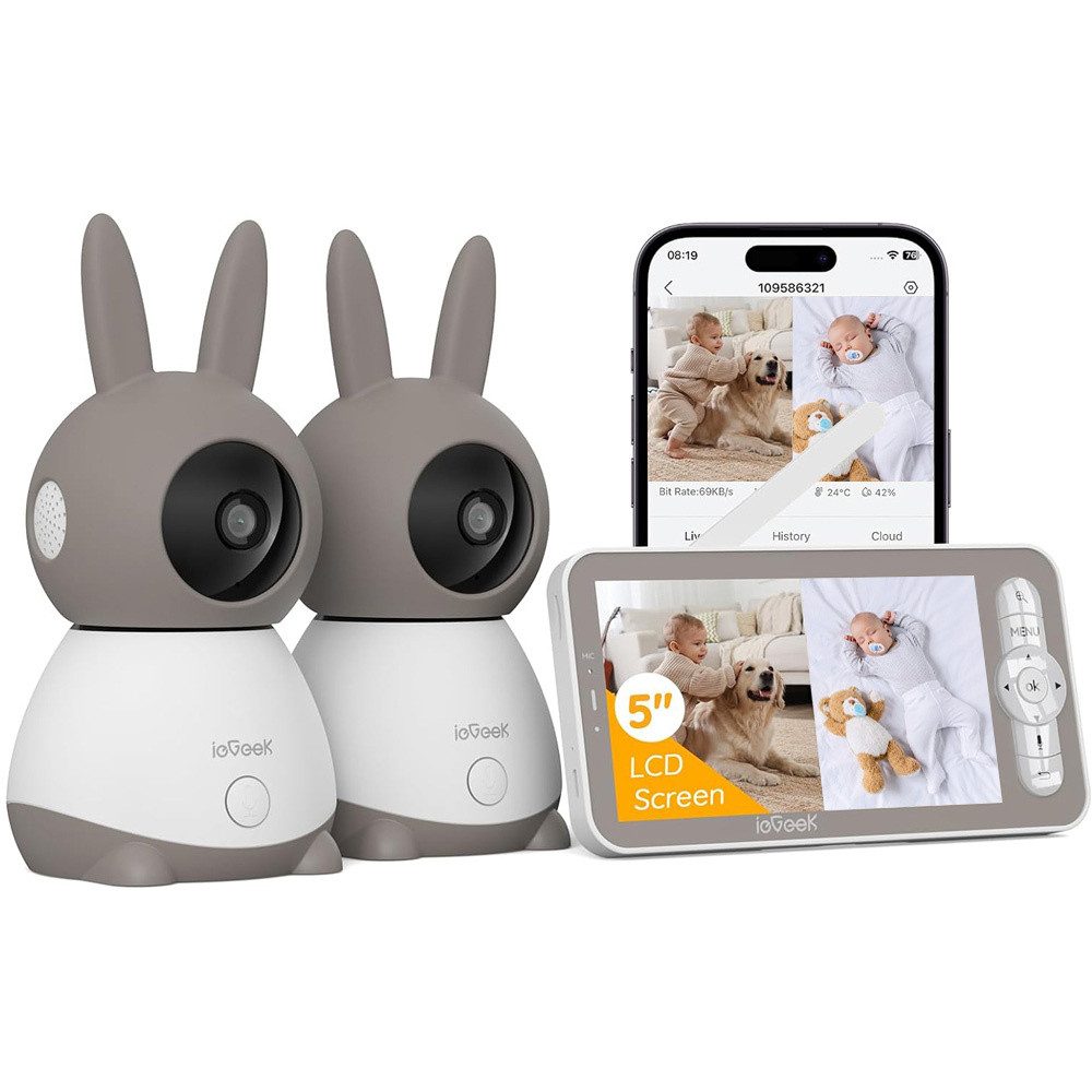 Boifun Video-Babyphone Babyphone mit 2 Kameras WLAN 5 Zoll Video Babyphone 2K/3MP PTZ 355°, Nachtlicht, 300m Reichweite, Zwei-Wege-Audio, 4X Zoom, 1-tlg., Weinen/Bewegungs/Geräuscherkennung, Automatische Verfolgung,unterstützt Mobile App Steuerung