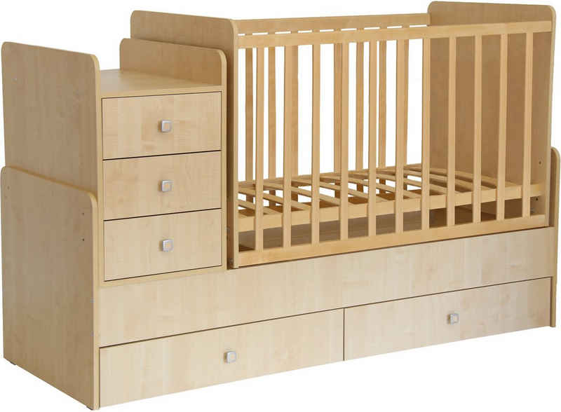 Polini kids Babybett »Simple 1100, natur«, mit zwei Bettschubkästen und Wickelstation; umbaubar zu Juniorbett und Kommode