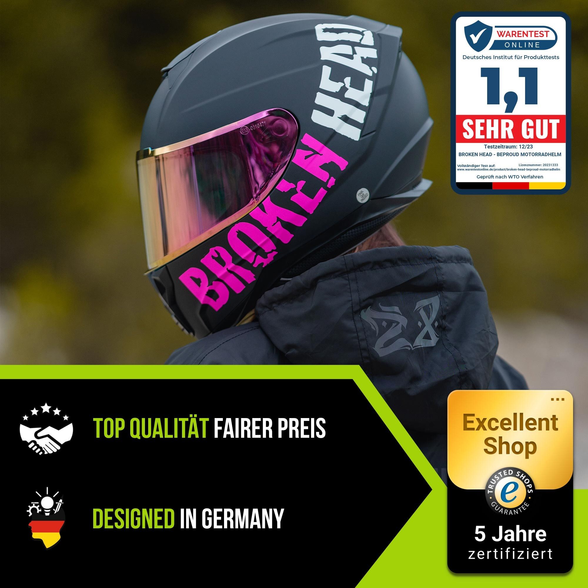Broken Head Motorradhelm BeProud Sport Pink (mit pink-verspiegeltem und klarem Visier), zwei Visiere