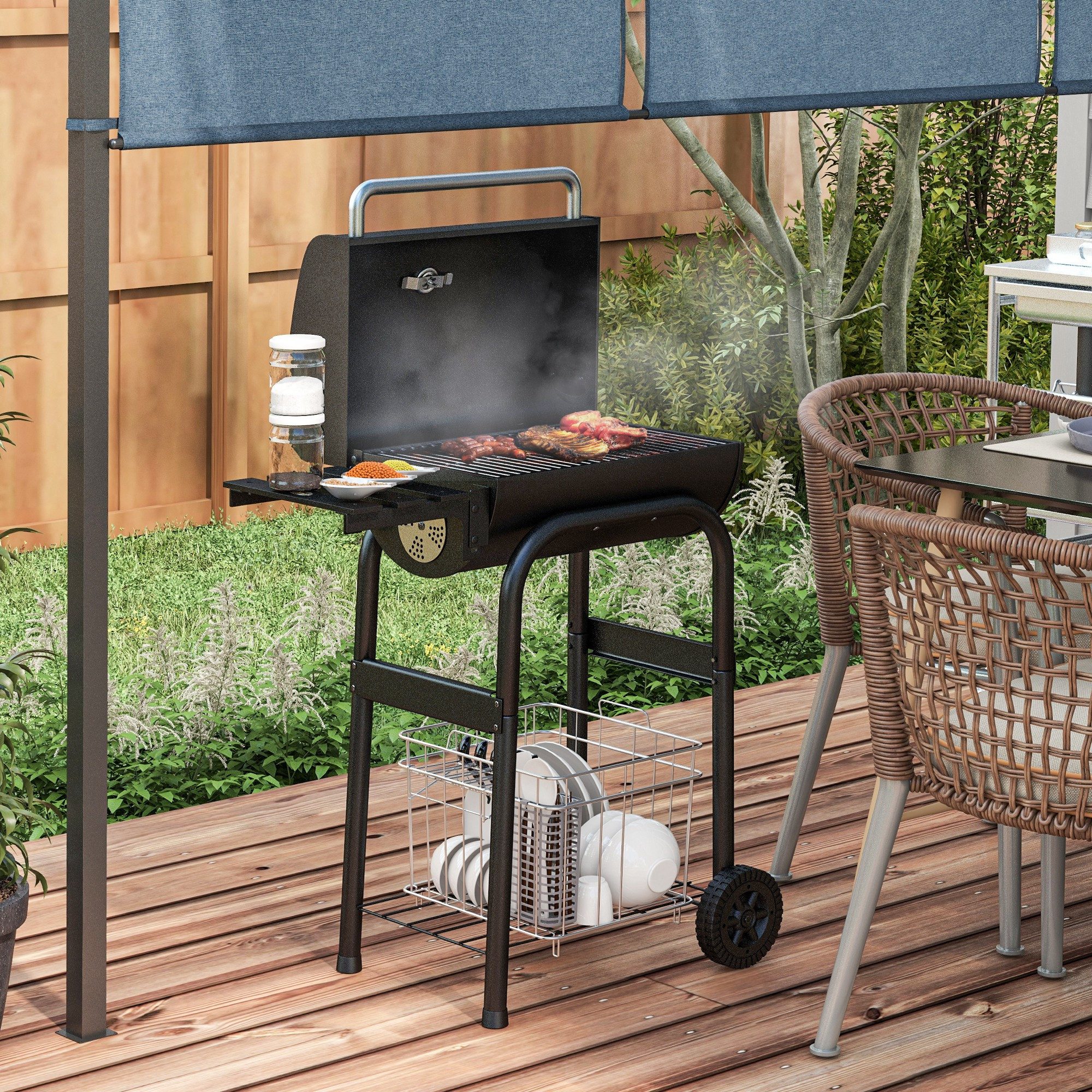 Outsunny Holzkohlegrill mit Regalen, tragbarer BBQ-Wagen-Räucherofen mit Rädern, Deckel, Kohlegrill, Grillwagen, für Garten, Terrasse, Balkon, Dachterrasse, schwarz
