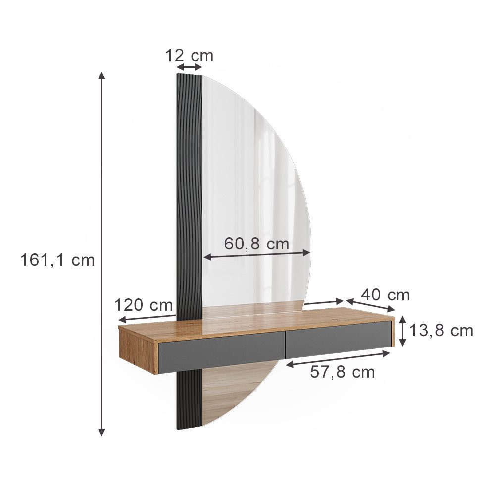 Vicco Schminktisch Melisa, Eiche/Grau, 120 cm mit 2 Schubladen (1-St)