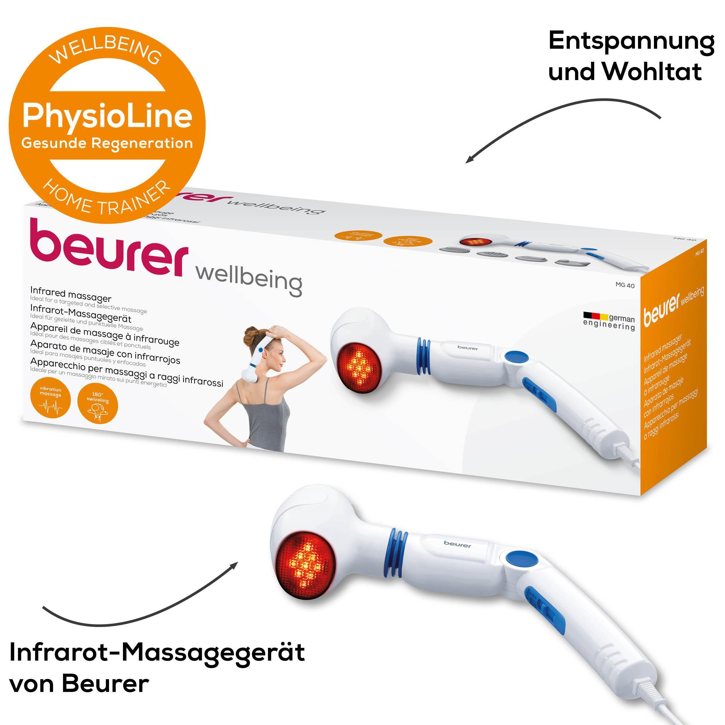 BEURER Massagegerät MG 40 für eine wohltuende Vibrationsmassage mit Infrarotwärme, Ideal für gezielte und punktuelle Massagen an Rücken, Armen, Beinen