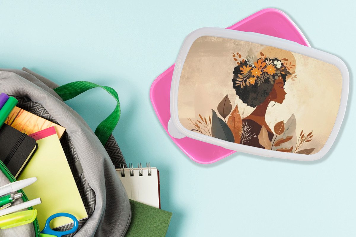 MuchoWow Lunchbox Frau - Locken - Blumen - Beige, Kunststoff, (2-tlg), Brotdosen, Lunch Box, Brotbox für Kinder und Erwachsene